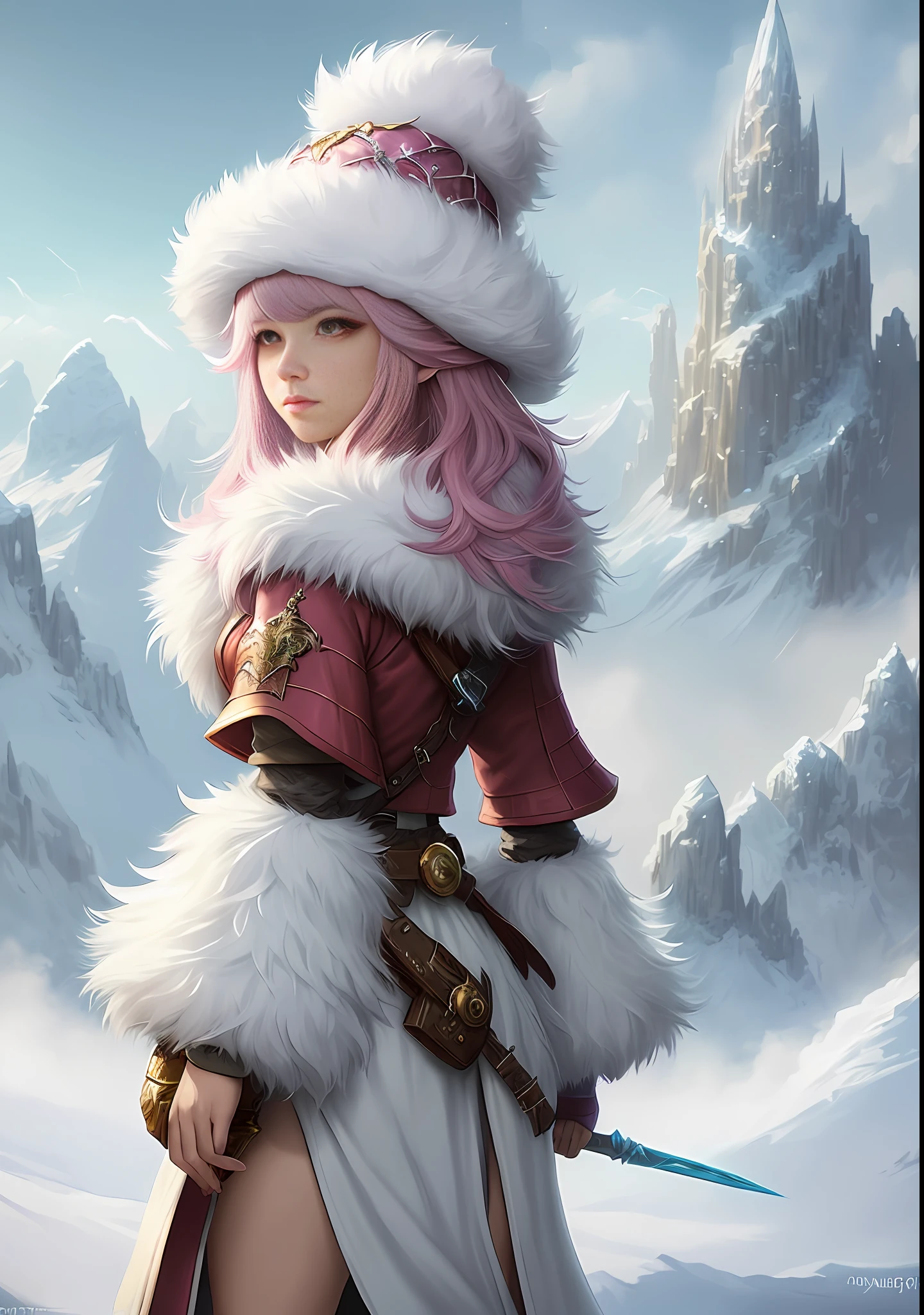 Young woman with bright hair in fluffy outfit and fluffy hat, Fantasy character art, Awesome character art, Epic fantasy character art, HD fantasy art, Epic exquisite character art, Realistic fantasy artwork, Fantasy woman, Epic fantasy art style HD, Fantasy character, Digital fantasy art), Fantasy style art, Detailed fantasy art, High quality Fantasy Art, Fantasy Outfit, Digital 2D Fantasy Art