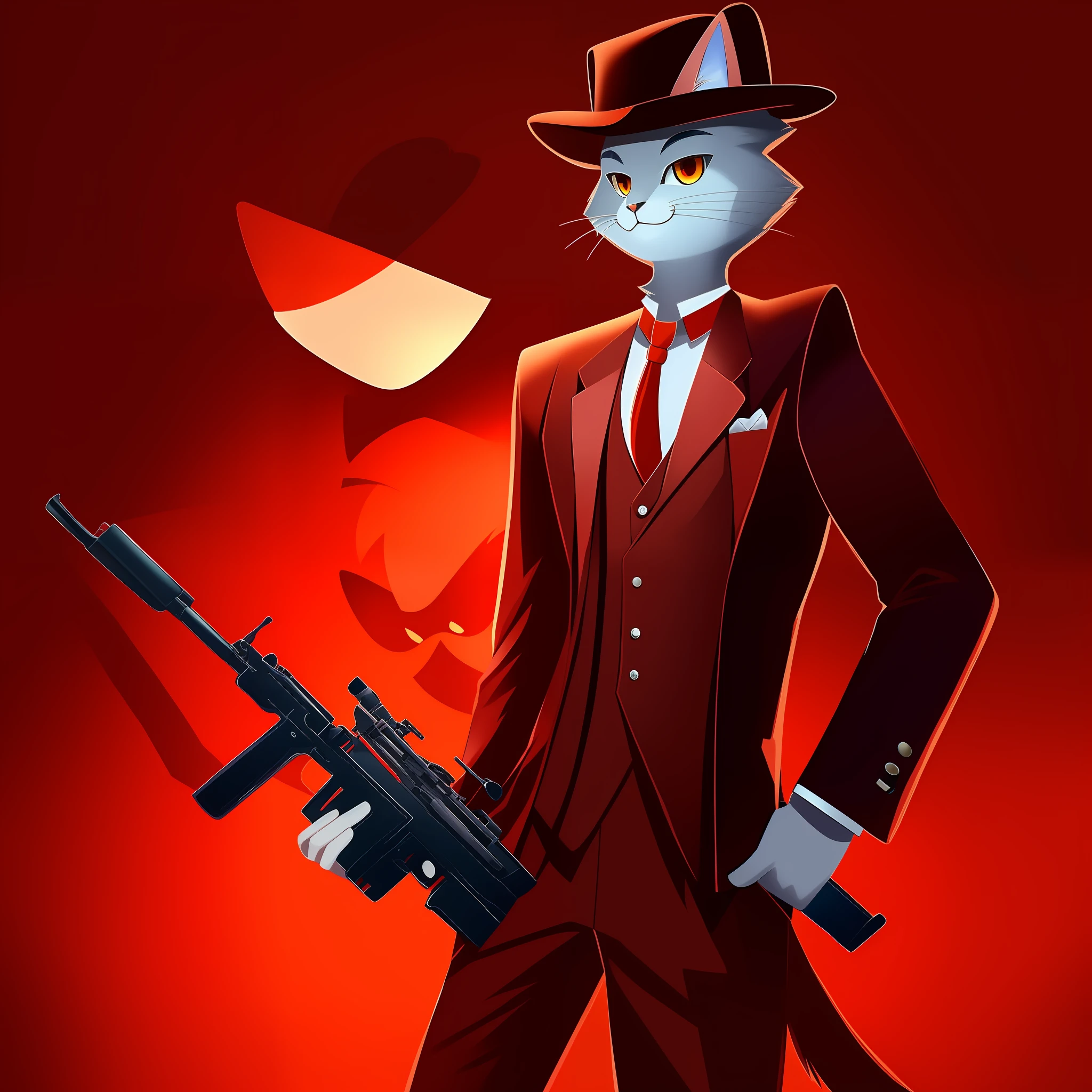 Anthropomorphic cat, grey fur, red suit, red fedora, holding tommy gun, 1927