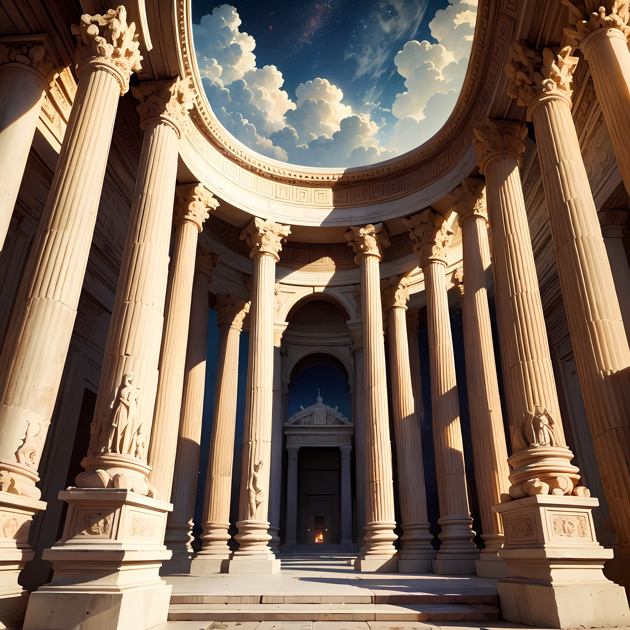 ((Neoclassicism)), ((masterpiece)), super detail, ((high quality)), best quality, ((highres)), a religious temple from ancient Greece dedicated to the god Ares, white marble pilasters with red covers adorned with the flag of Sparta at the top, candlesticks lit in the entryway burned by a raging red fire, view from outside, a night sky showing the red planet Mars at an enlarged size above the temple