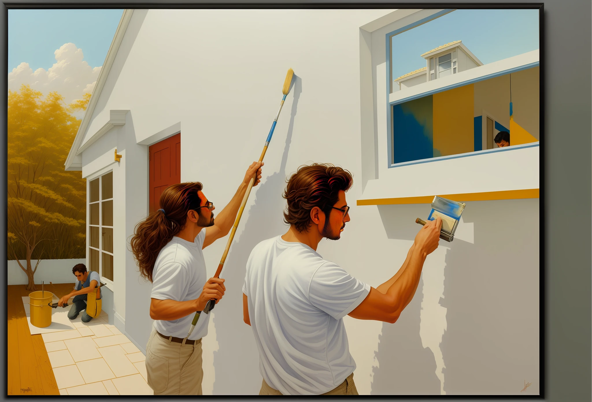 painting of two men painting a house with a paint roller, greg rutkowski painting, nestor canavarro hyperrealist, painters, painting come to life, jim warren, realist painting, david ligare masterpiece, inspired by David Ligare, by Thomas Dalziel, rob rey and kentarõ miura style, oill painting, by David B. Mattingly