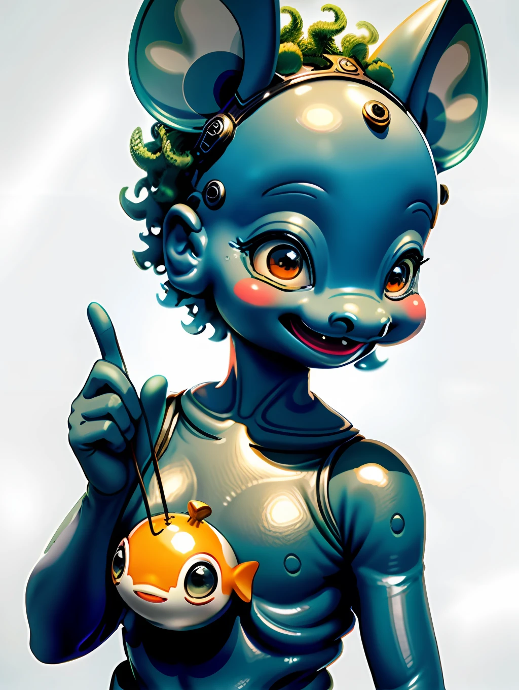 Close-up, a laughing alien woman, peculiar appearance, small, round fish-like eyes, elephant-like nose, hippopotamus-like mouth, mouse ears, short, curly hair, blue-white skin, minimalist background, ((realistic)), masterpiece, highest quality, (masterpiece: 1.0), (best quality: 1.4), intricate details, super detail, science fiction movie