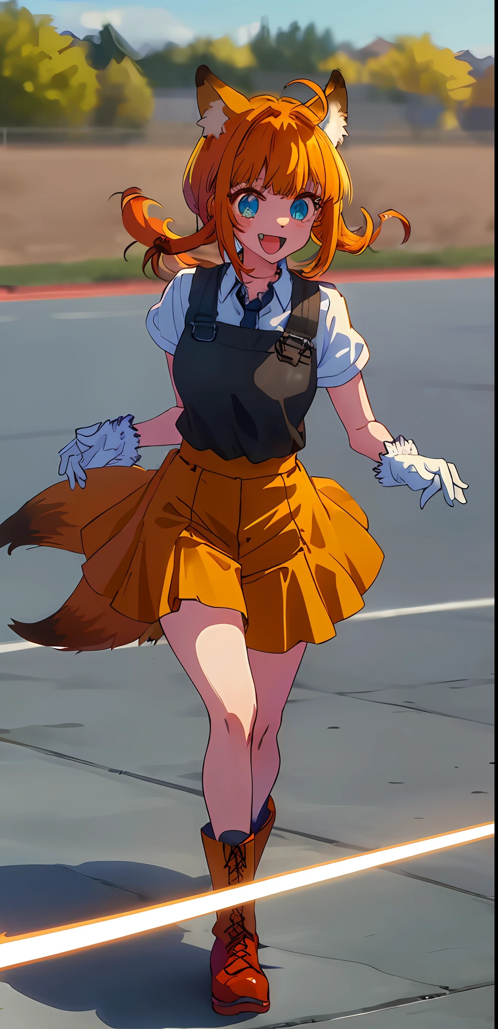 1girl masterpiece, best quality, solo, (Tails (cosplay):1.2), Tails (cosplay):1.2, yellow shirt, brown boots, :d, Mem-Cho , medium breast, white gloves, red shoes, running, yellow hair, blue eyes ,2 fox tails, flying