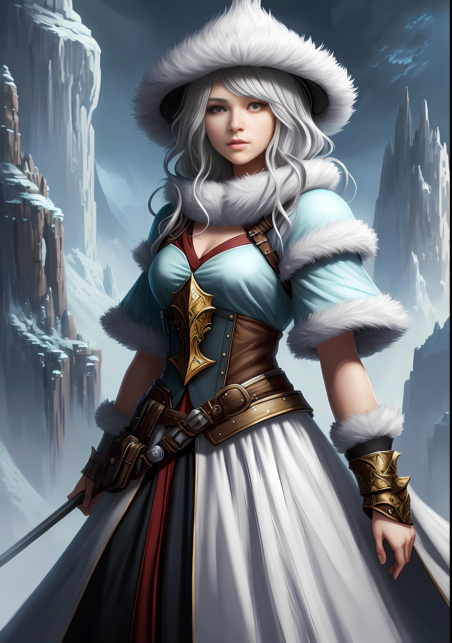 Young woman with ashen hair in fluffy outfit and fluffy hat, Fantasy Character Art, Awesome Character Art, Epic Fantasy Character Art, HD Fantasy Art, Epic Exquisite Character Art, Realistic Fantasy Artwork, Fantasy Woman, Epic Fantasy Art Style HD, Fantasy Character, Digital Fantasy Art), Fantasy Style Art, Detailed Fantasy Art, High Quality  Fantasy Art, Fantasy Outfit, Digital 2D Fantasy Art