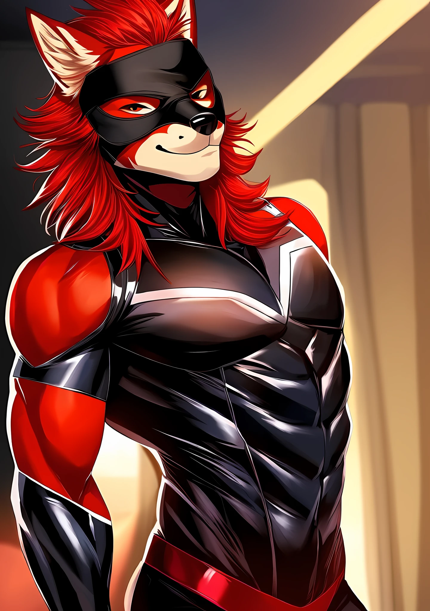 Amazing quality, stunning details, male character with detailed red hair, tight black superhero outfit, black eye mask, soft lighting, SFW), red wolf,sexy.