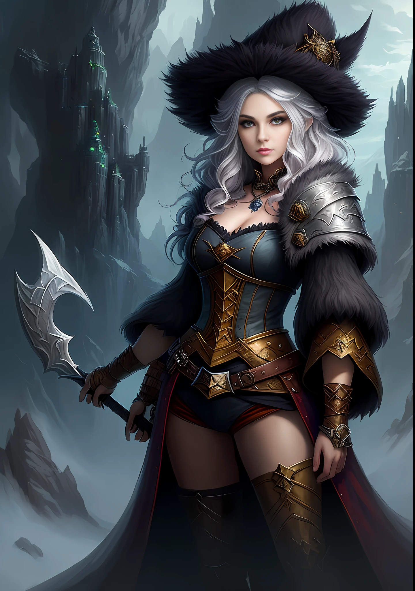 Young woman with hellish hair in fluffy outfit and fluffy hat, Fantasy character art, Awesome character art, Epic fantasy character art, HD fantasy art, Epic exquisite character art, Realistic fantasy artwork, Fantasy woman, Epic fantasy art style HD, Fantasy character, Digital fantasy art), Fantasy style art, Detailed fantasy art, High quality Fantasy Art, Fantasy Outfit, Digital 2D Fantasy Art