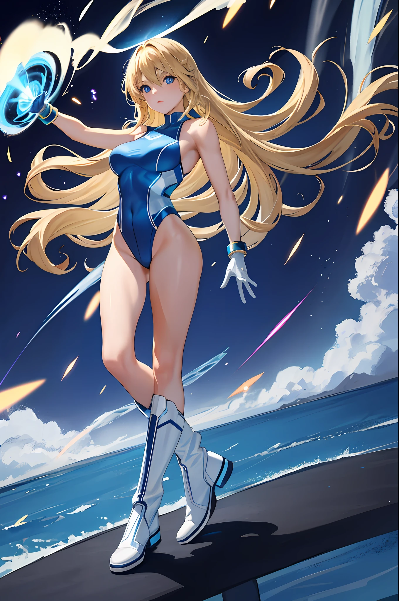 masterpiece, best quality, highres, 1girl, solo, superhero, leotard, bare legs, boots, matching boots, aura, blue aura, sleeveless, gloves, bracelets, matching gloves, looking at viewer, light particles, city backdrop, perfect hands, perfect eyes, powering up, perfect leotard, perfect legs, perfect arms, perfect fingers, blue and white leotard, blonde hair, blue eyes, medium breasts, long hair, spinning, tornado spin, whirlwind, wind particles, light swirls, tornado, hurricane spin, time travel, wind swirls, tornado particles,