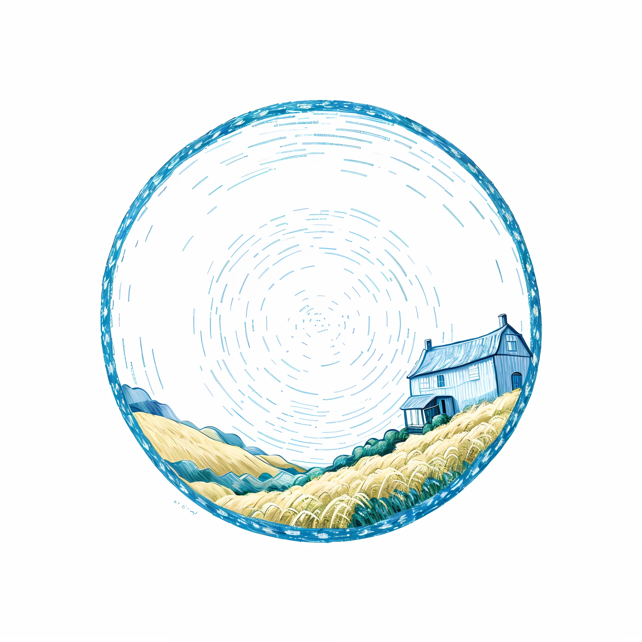 (a circular building: 1.5), painting of a car traveling in a wheat field, ((Van Gogh style)), Van Gogh Art style, Van Gogh style, James R. Eads, inspired by Van Gogh, Van Gogh style, inspired by Vincent di Destiny, inspired by Vincent van Gogh, inspired by Vincent Pepp, Vincent Van Gogh style, Van Gogh starry night style, rich in color, deep blue sky, plus frame. The background is a solid color.