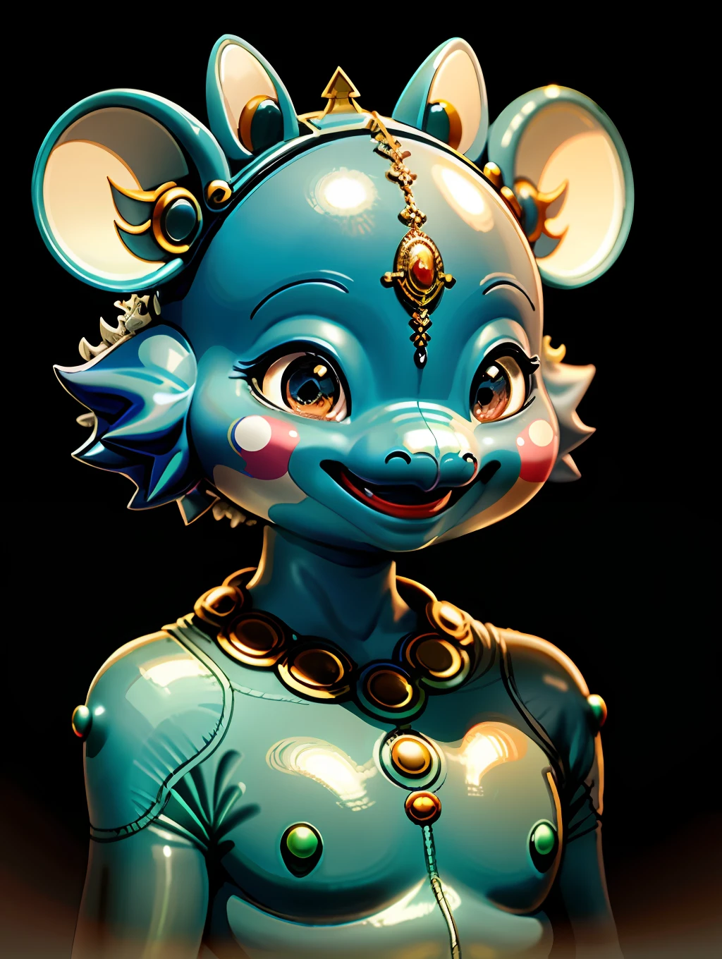 Close-up, a laughing alien woman, peculiar appearance, small, round fish-like eyes, elephant-like nose, hippopotamus-like mouth, mouse ears, short, curly hair, blue-white skin, minimalist background, ((realistic)), masterpiece, highest quality, (masterpiece: 1.0), (best quality: 1.4), intricate details, super detail, science fiction movie