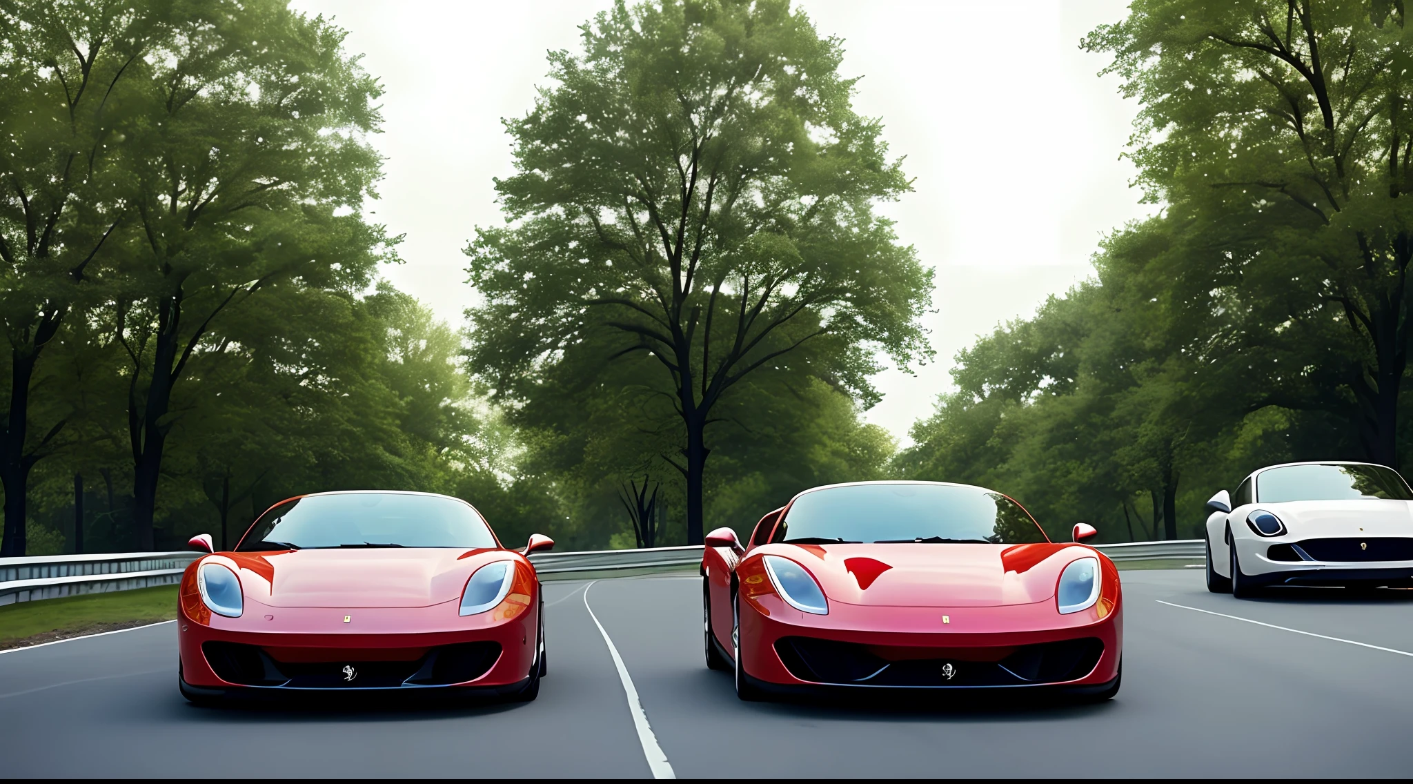 a very beautiful ferrari on the road parked next to a parked white porshe, very beautiful on a New York road, cinematic lighting, masterpiece, very well defined details, 32k,78.5k, UHD, HD