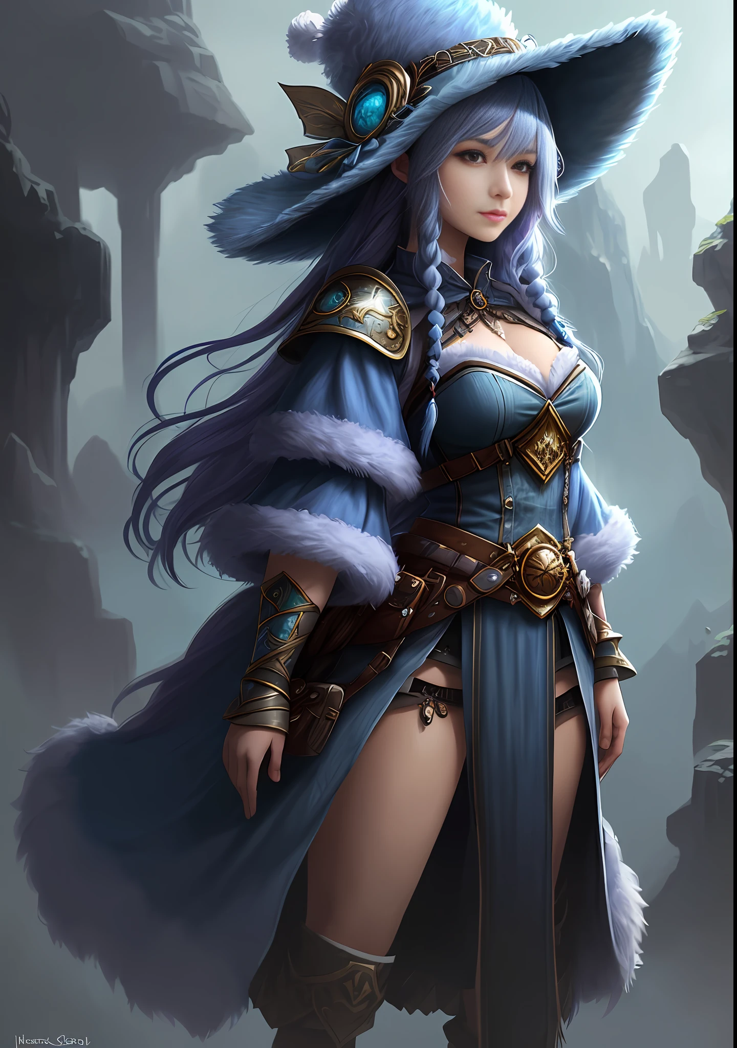 A close up of a woman in a hat and dress with a blue cape - SeaArt AI
