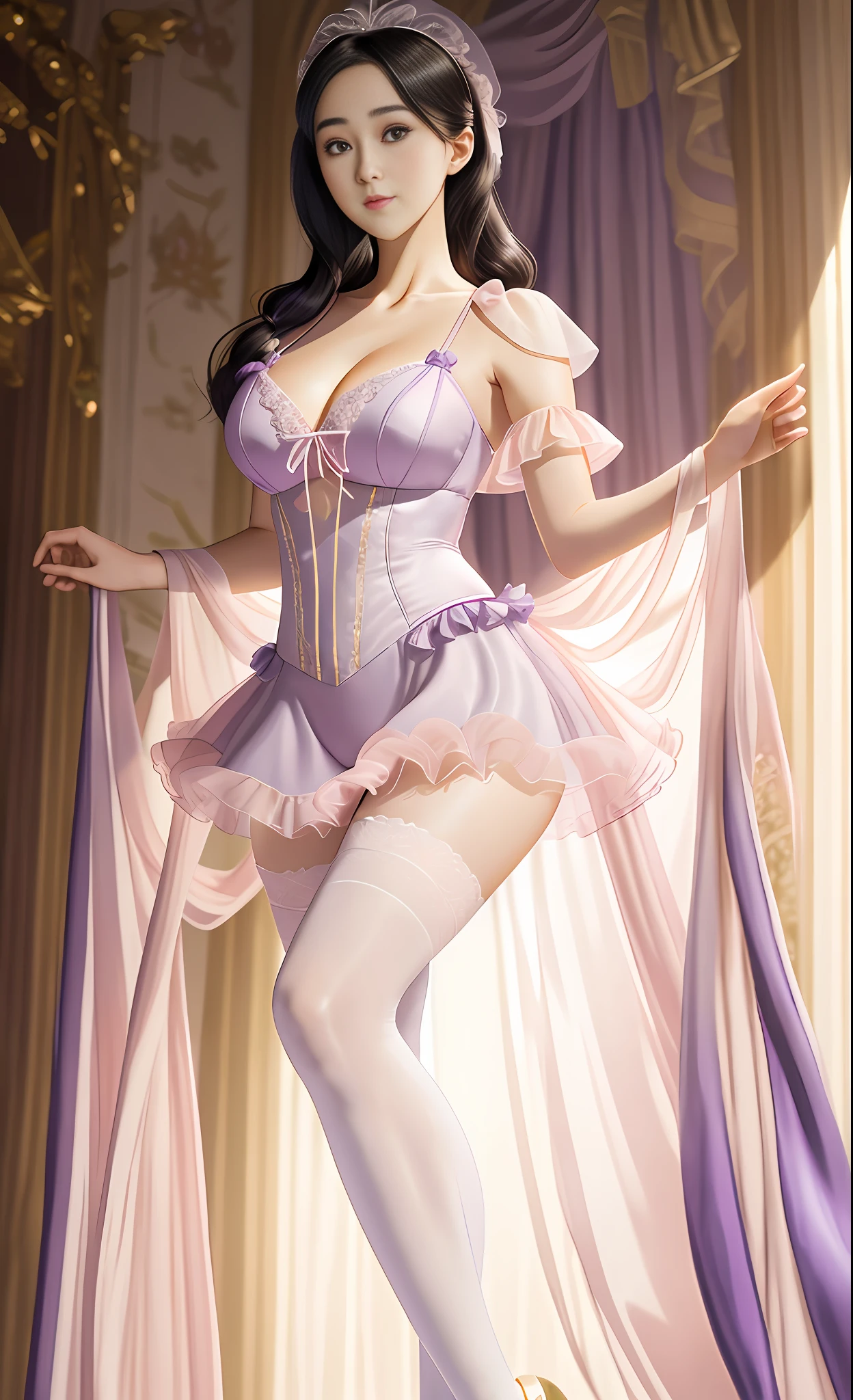 Ridiculous, high resolution, super detailed, (1 girl: 1.3),
High fork swimsuit, pink white ballet pantyhose, looming feet, bright classroom, slim, pretty dream girl, looming bright purple white thigh socks, silky texture, lace stockings edge super detailed texture, real photos, detailed eyes, pretty eyes, blush, full body perspective, detailed face, big boobs, real photos, realistic human body, realistic skin texture, cleavage: 1.4, perfect light, perfect thighs, perfect calves, detailed face, show calves