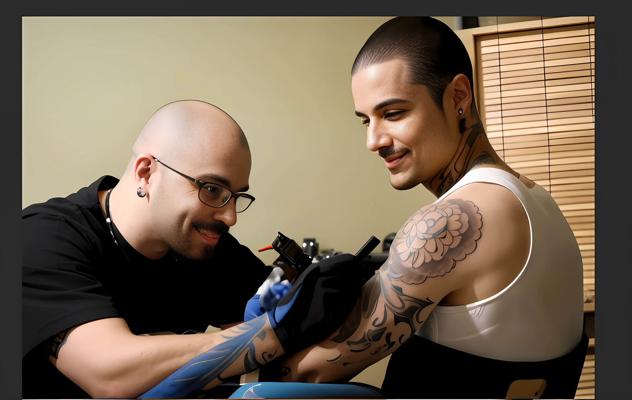There is a man smiling with a tattoo on their arm, tattoo artist, smile, tattoo shop photo, skin ink, highly realistic and complex, tattoo ink, people with tattoos, tato, tattoos, tattoos, facial tattoos, tatu, tattoo graphics, tattoos on the whole skin, traditional tattoos, body makeover, tattoos, tatu, whole tattoos, tattoo styles