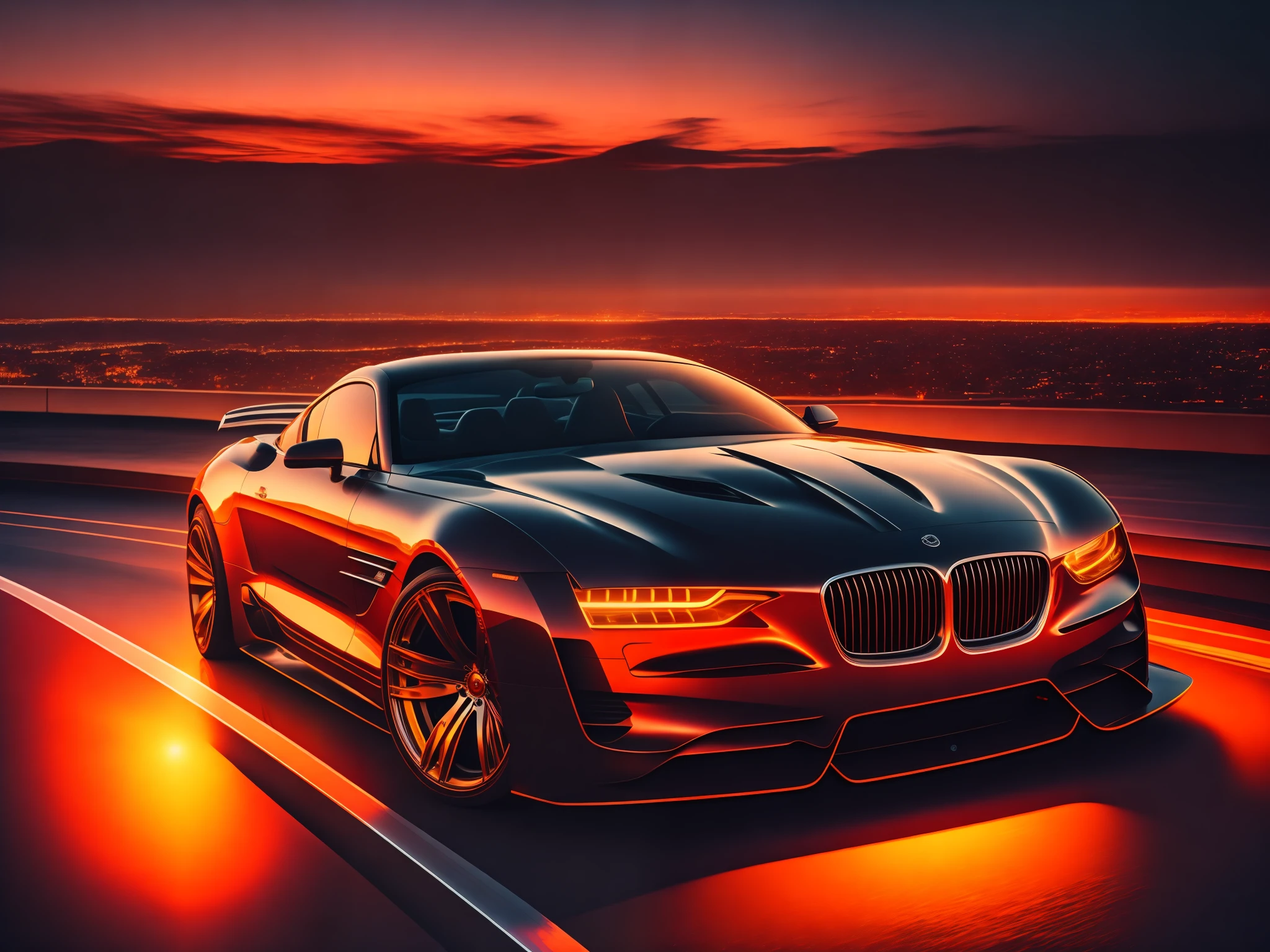 luxury car, sunset, view from roof, city lights in the background, road