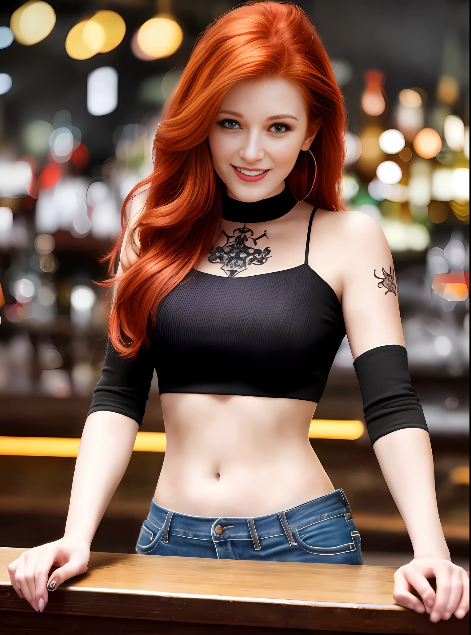 best quality, masterpiece, uhd, beautiful redhead woman, 30 years old, long hair, beautiful smile, sexy, jeans, black top, perfect face, a bar in the background at night, tatoo arm, dark lipstick
