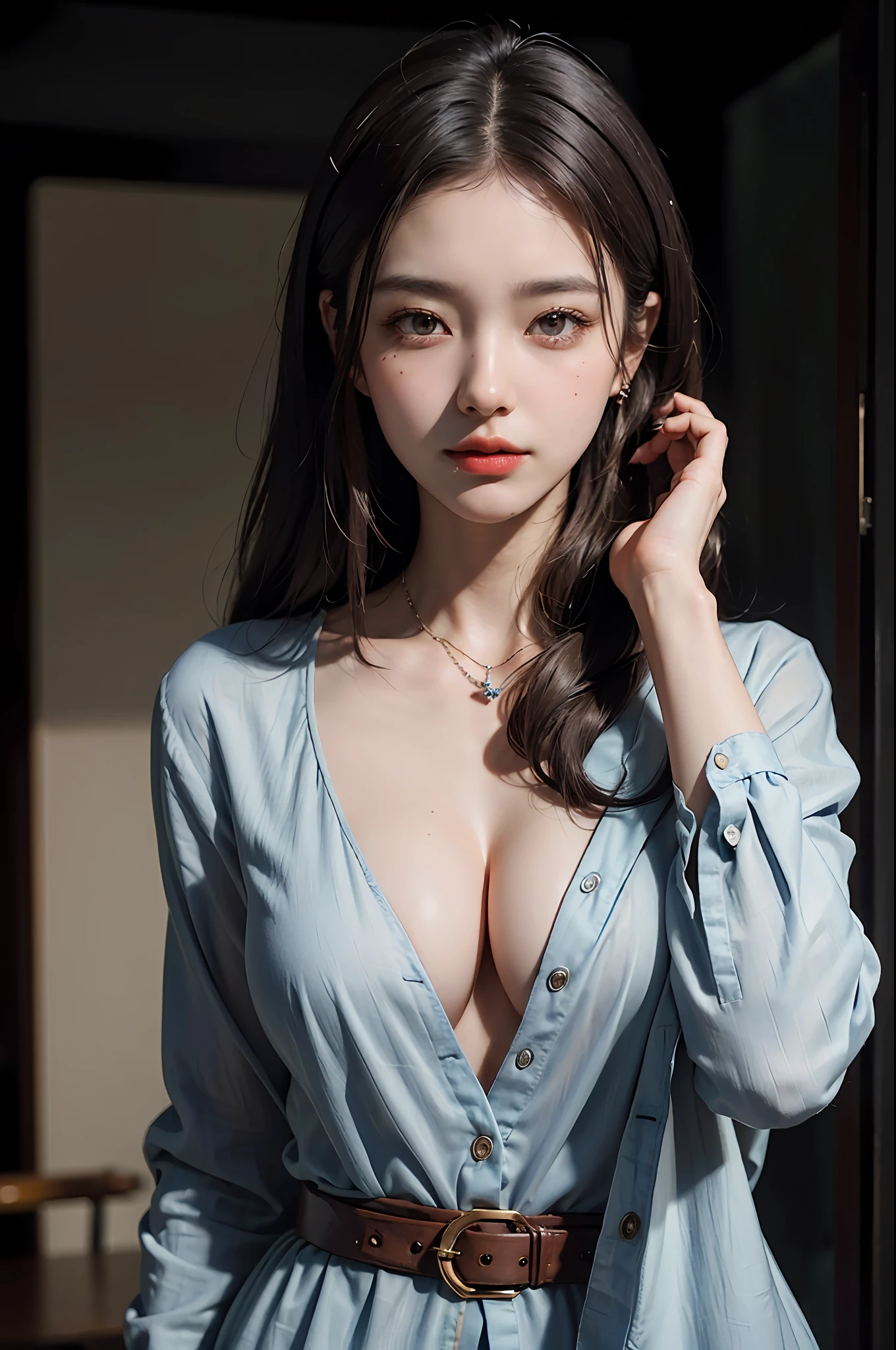Wearing only one long shirt (open all buttons: 1.1), big, deep cleavage, top quality, Korean model 24 years old, masterpiece, illustration, very delicate and beautiful, very detailed, CG, unity, 8K wallpaper, amazing, fine details, highly detailed CG Unity 8K wallpaper, huge file size, very detailed, high resolution, handsome detail woman, very detailed eyes and face, Amazing detailed eyes, face light, (Best illustration: 1.1), (Best Shadow: 1.1), Ultra High Resolution, (Photoreal: 1.1), (Photoreal: 1.2:1.1), realistic face proportions, slender, smile, (makeup: 0.4), (Fluffy black eyes: 1.21), black eyes, looking at the viewer, dark brown hair, earrings, necklace, hairpins, Cowboy shots, (irregular irregular skin defects, veins, wrinkled pores: 1.2), (dark night background: 1.2), (bokeh: 1.4),