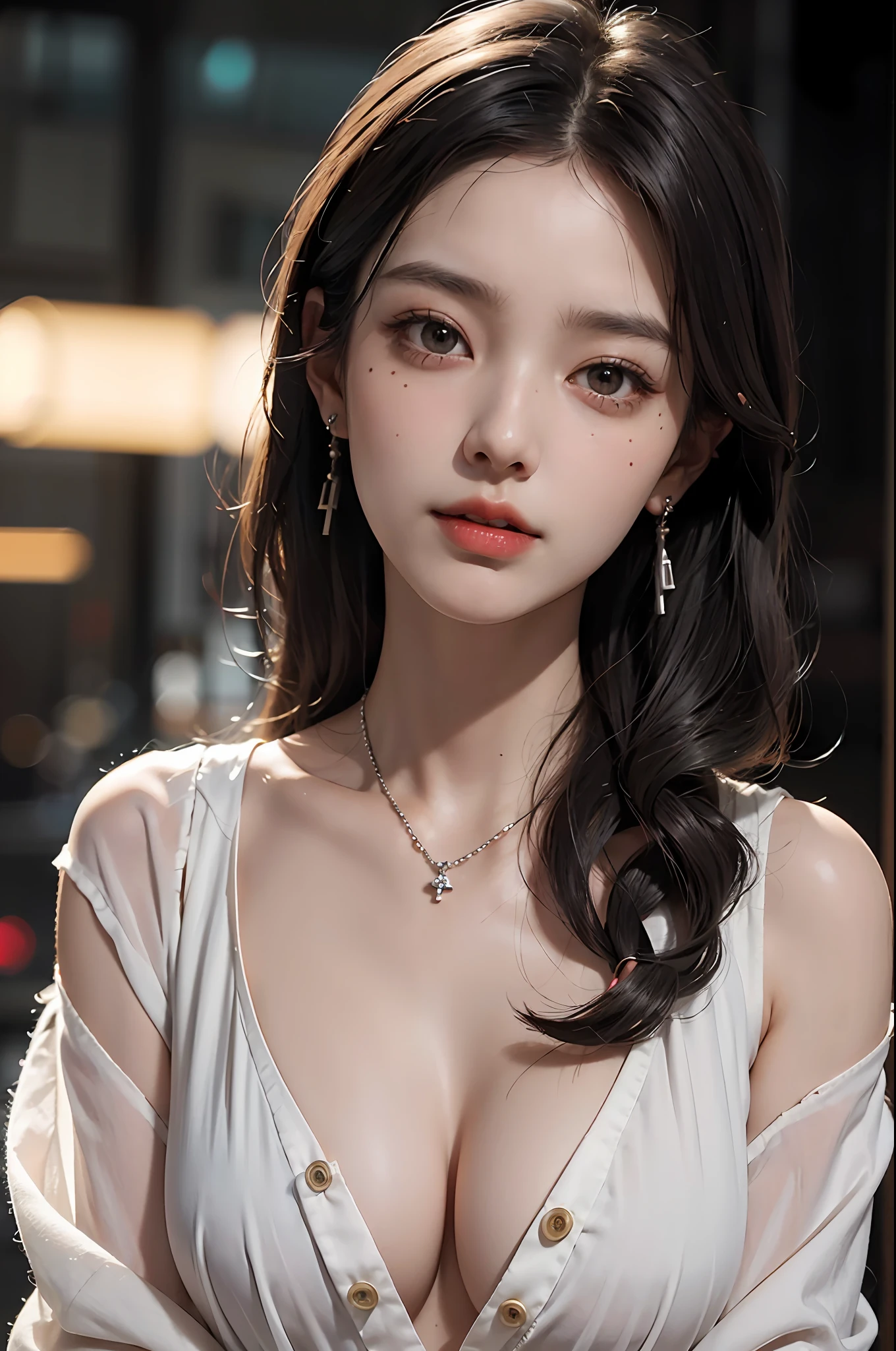 Wearing only one long shirt (Open all buttons: 1.1), big, Korean model 24 years old, deep cleavage, top quality, masterpiece, illustration, very delicate and beautiful, very detailed, CG, unity, 8K wallpaper, amazing, fine details, highly detailed CG Unity 8K wallpaper, huge file size, very detailed, high resolution, handsome detail woman, very detailed eyes and face, Amazing detailed eyes, face light, (Best illustration: 1.1), (Best Shadow: 1.1), Ultra High Resolution, (Photoreal: 1.1), (Photoreal: 1.2:1.1), realistic face proportions, slender, smile, (makeup: 0.4), (Fluffy black eyes: 1.21), black eyes, looking at the viewer, dark brown hair, earrings, necklace, hairpins, long hair, (irregular irregular skin imperfections, veins, wrinkled pores: 1.2), (dark night background: 1.2), (bokeh: 1.4),