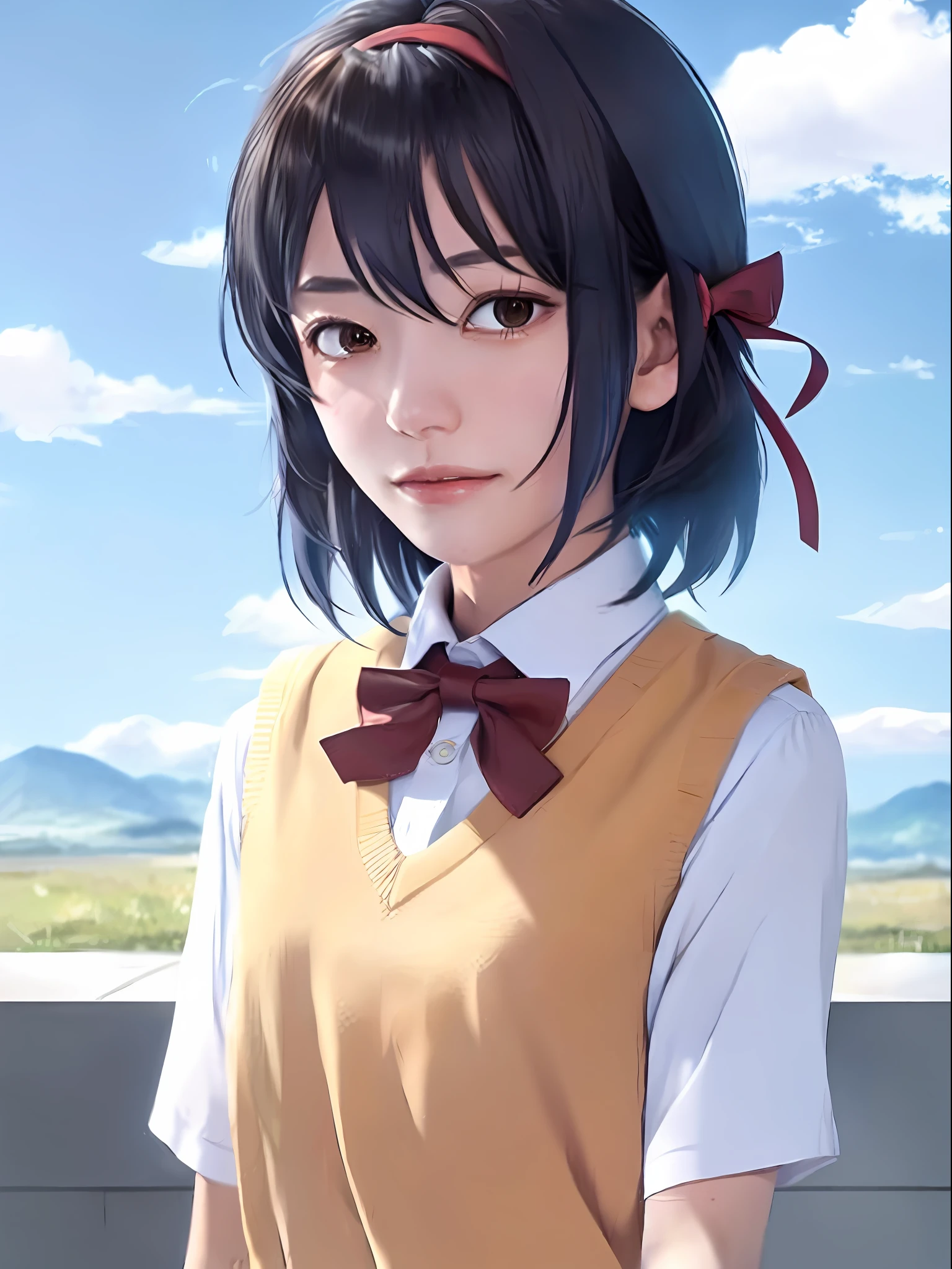 shinkai makoto, kimi no na wa., 1girl, bangs, black hair, blue sky, blush, bow, bowtie, brown eyes, cloud, collared shirt, hair ribbon, hairband, looking at viewer, negative space, outdoors, red bow, red bowtie, red hairband, red ribbon, ribbon, school uniform, shirt, short hair, sky, smile, solo, sweater vest, upper body, vest, white shirt, yellow sweater vest, yellow vest
