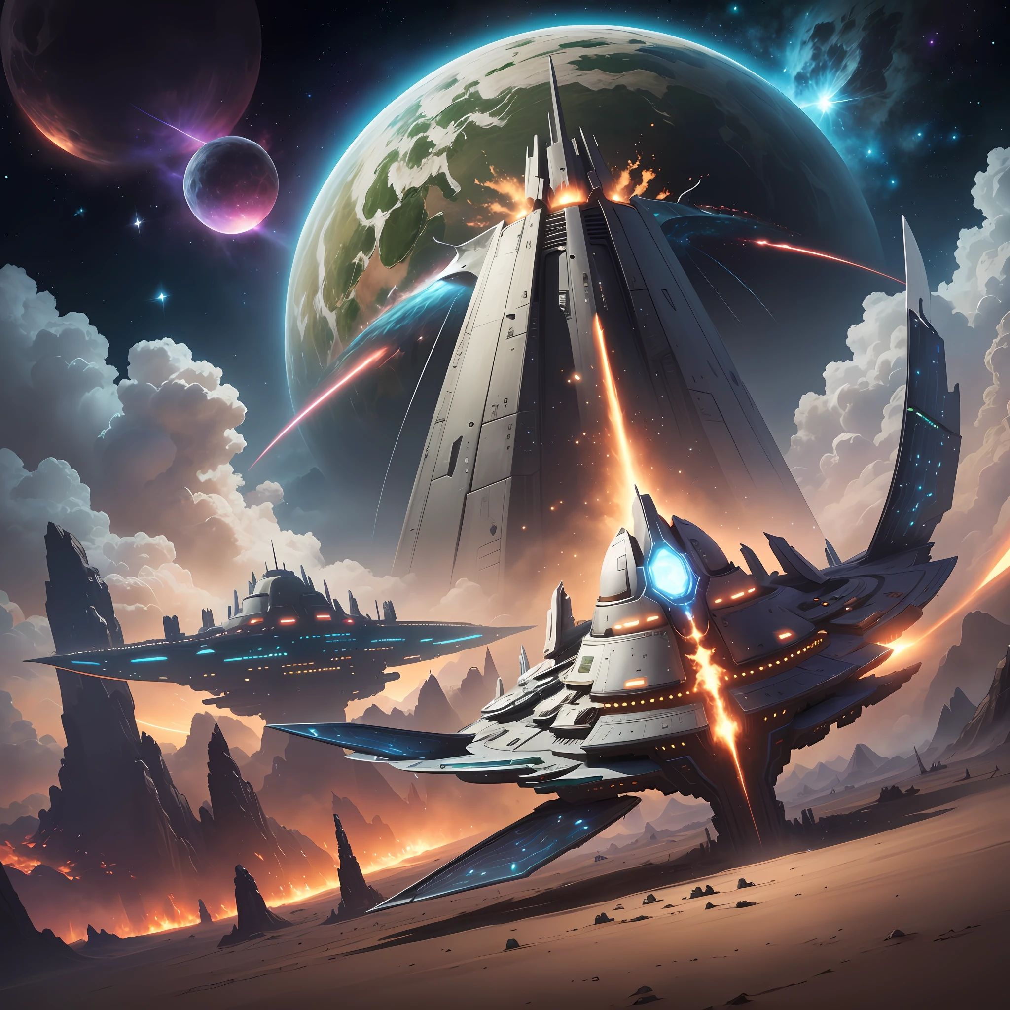 - Stellaris game, a galactic war between earth and aliens, eapaço, spaceships, shots and bombs