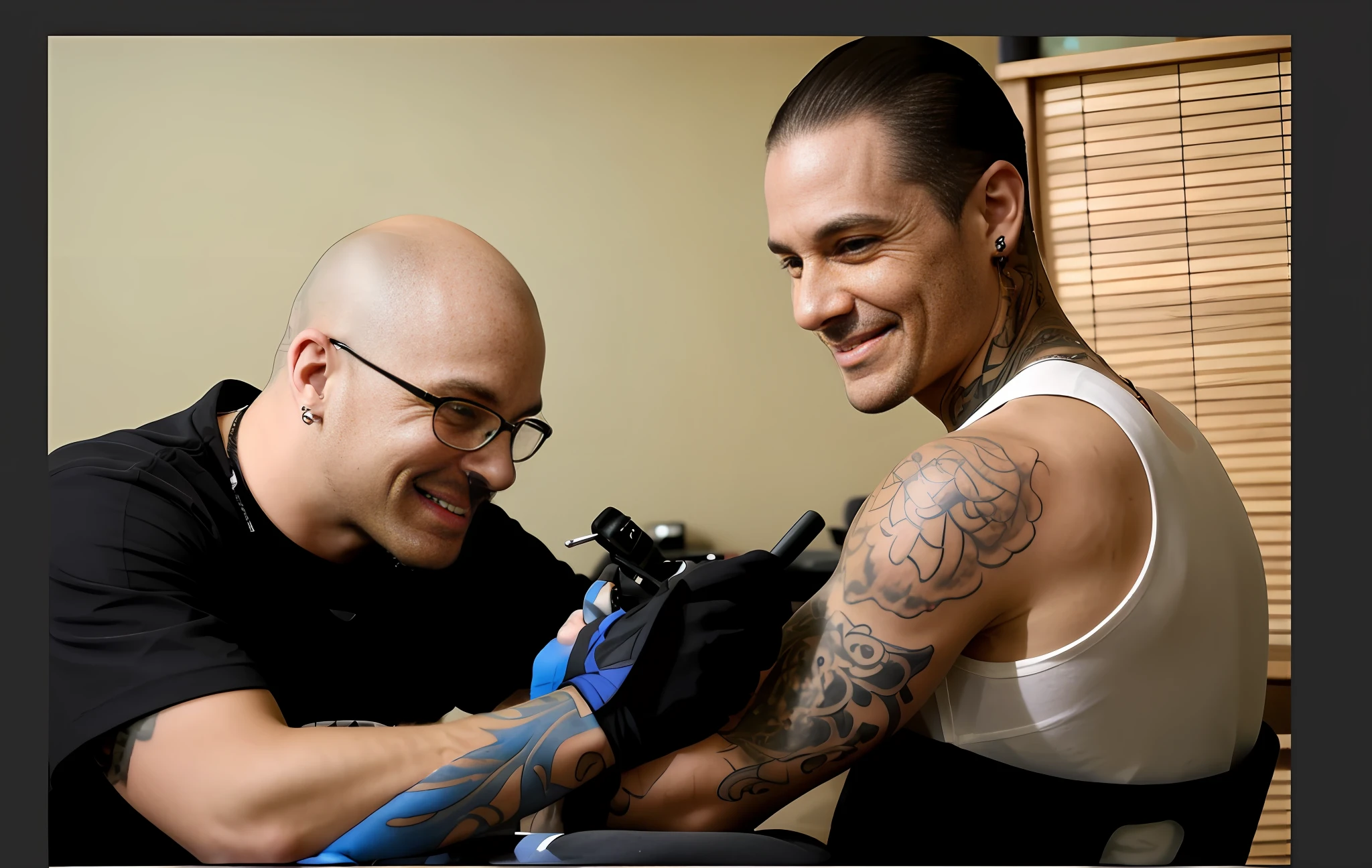 There is a man smiling with a tattoo on their arm, tattoo artist, smile, tattoo shop photo, skin ink, highly realistic and complex, tattoo ink, people with tattoos, tato, tattoos, tattoos, facial tattoos, tatu, tattoo graphics, tattoos on the whole skin, traditional tattoos, body makeover, tattoos, tatu, whole tattoos, tattoo styles