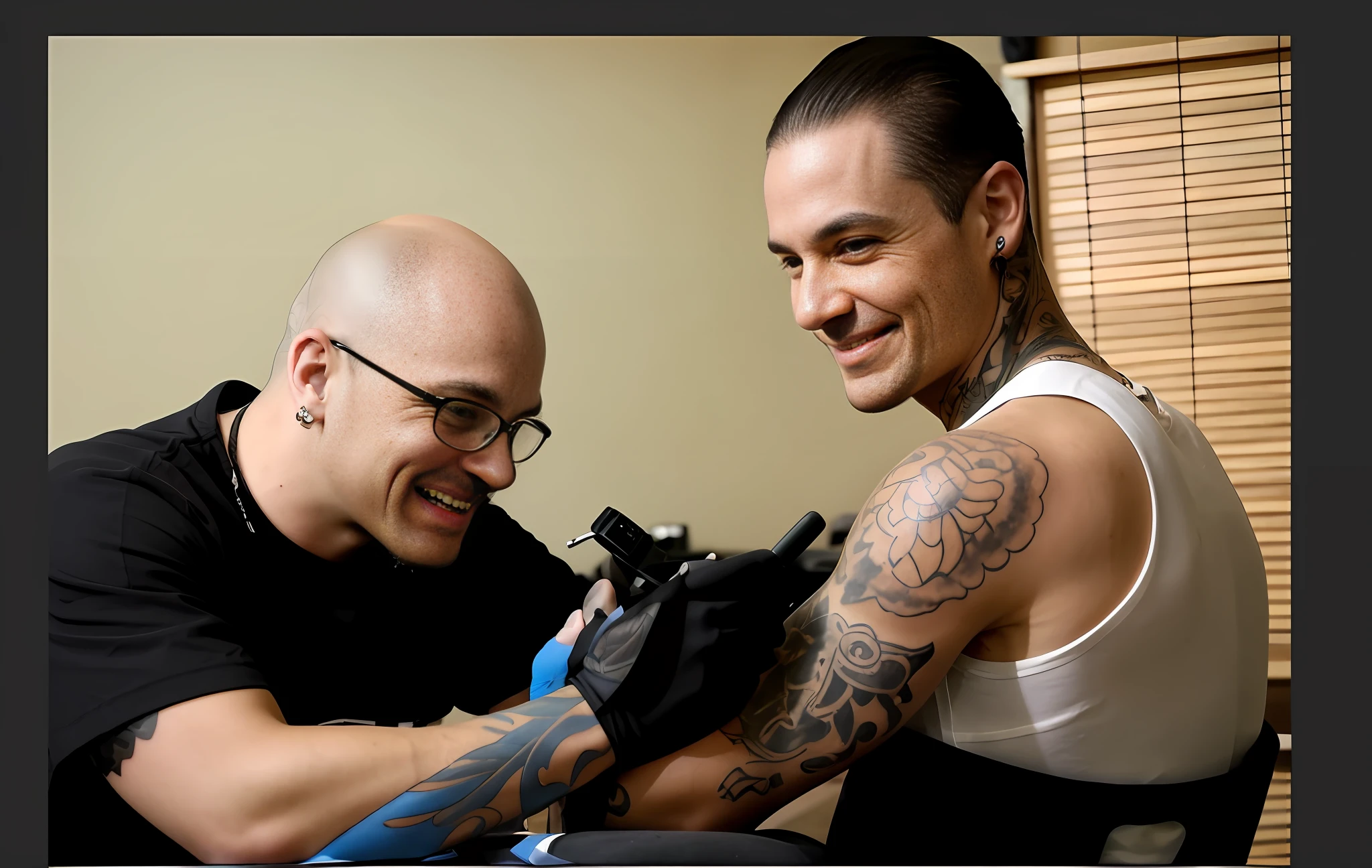 There is a man smiling with a tattoo on their arm, tattoo artist, smile, tattoo shop photo, skin ink, highly realistic and complex, tattoo ink, people with tattoos, tato, tattoos, tattoos, facial tattoos, tatu, tattoo graphics, tattoos on the whole skin, traditional tattoos, body makeover, tattoos, tatu, whole tattoos, tattoo styles