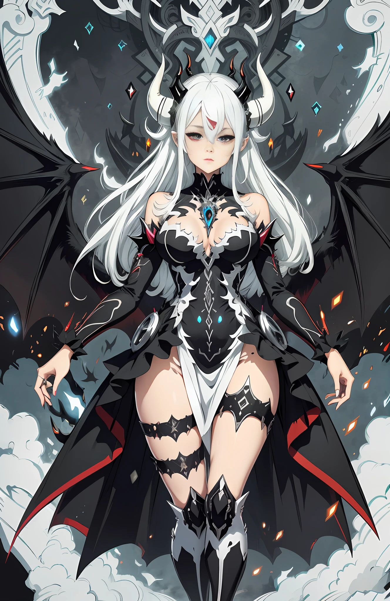 Background black, white hair, black dress, demon anime girl, anime monster girl, demon, intricate, demon horn, six-winged dark goddess, demon, epic anime style, cyborg, necromancer girl, white eyes, 4K