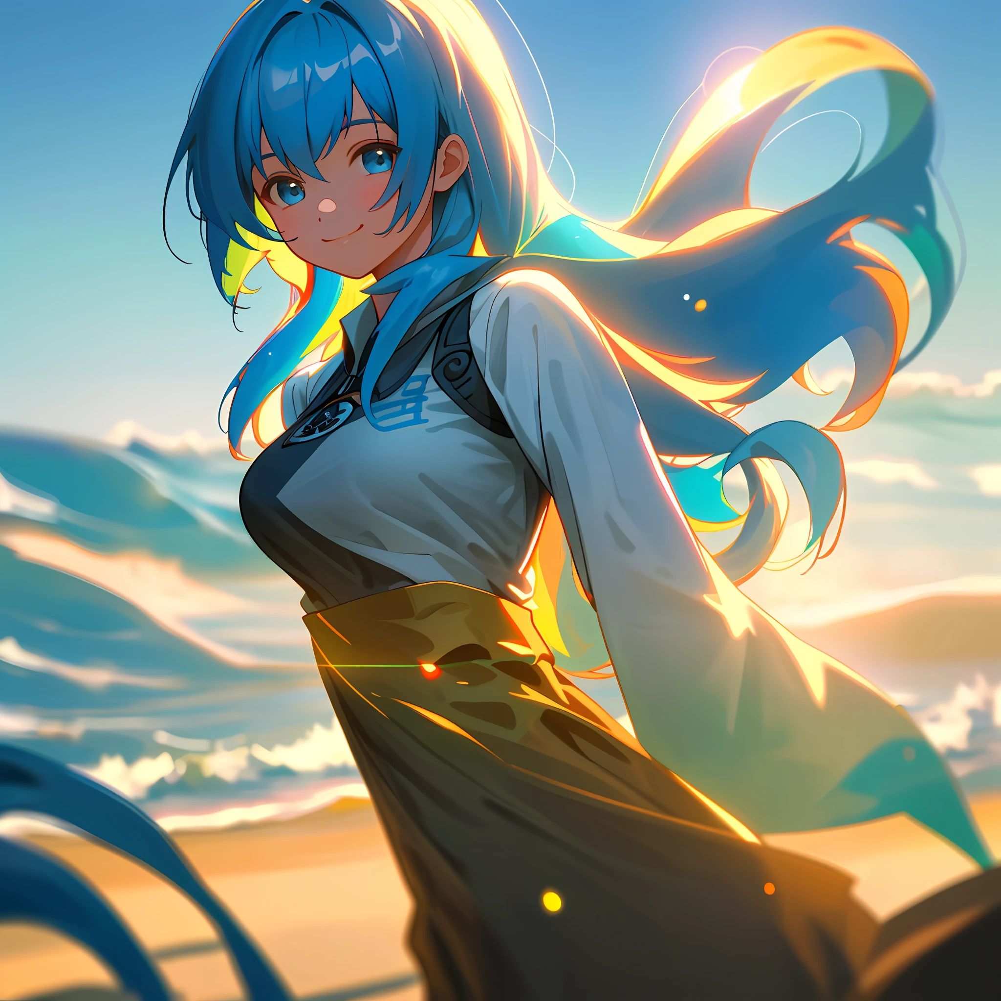 ((masterpiece)), Girl,Long hair,blue hair,smiling,Shirt,medium breast,on the beach,berdiri,(1:2 normal skin),{{masterpiece}}, best quality, extremely detailed CG unity 8k wallpaper, cinematic lighting, lens flare, beautiful detail eyes,  side glance,  multicolor hair, colorful light, particles,