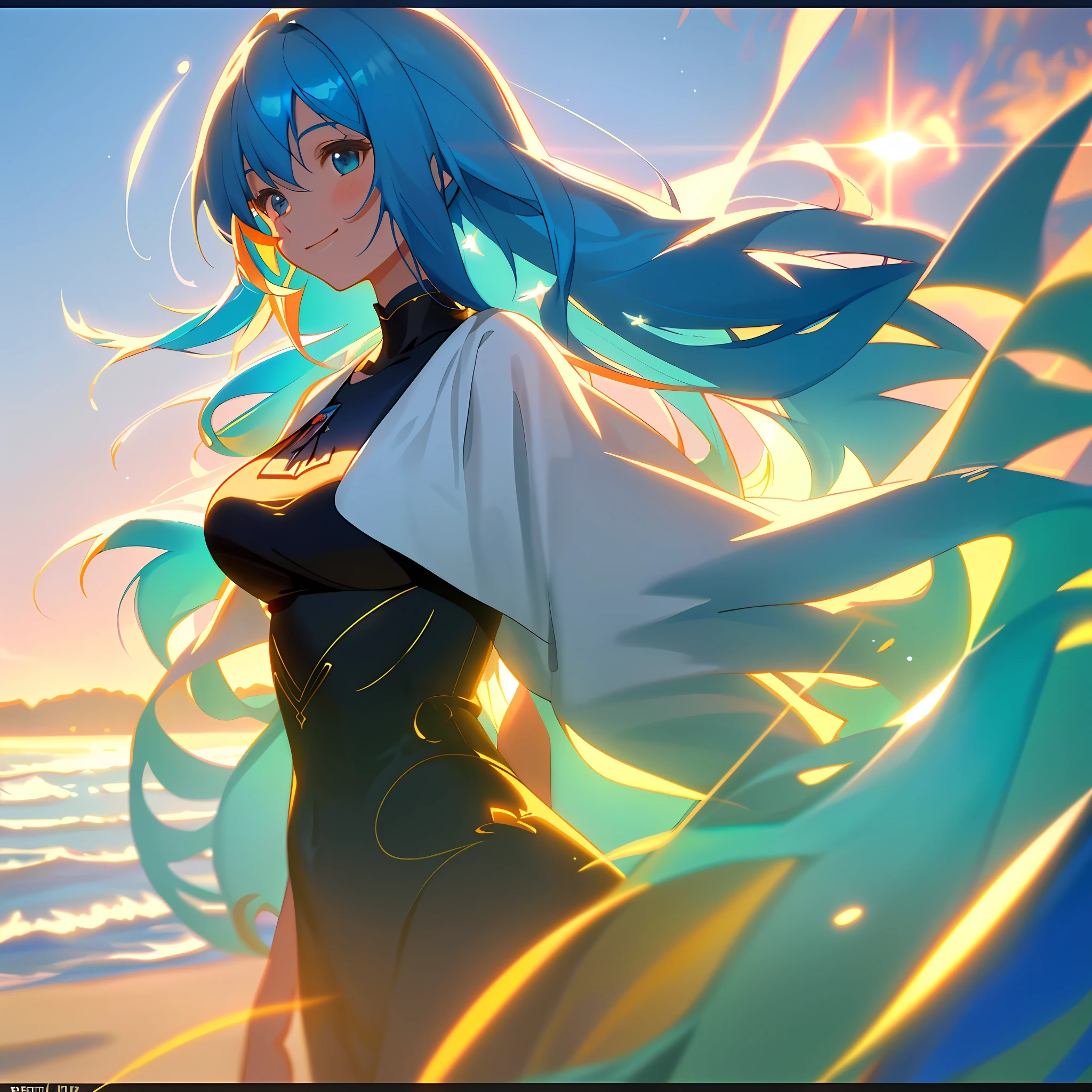 ((masterpiece)), Girl,Long hair,blue hair,smiling,Shirt,medium breast,on the beach,berdiri,(1:2 normal skin),{{masterpiece}}, best quality, extremely detailed CG unity 8k wallpaper, cinematic lighting, lens flare, beautiful detail eyes,  side glance,  multicolor hair, colorful light, particles,