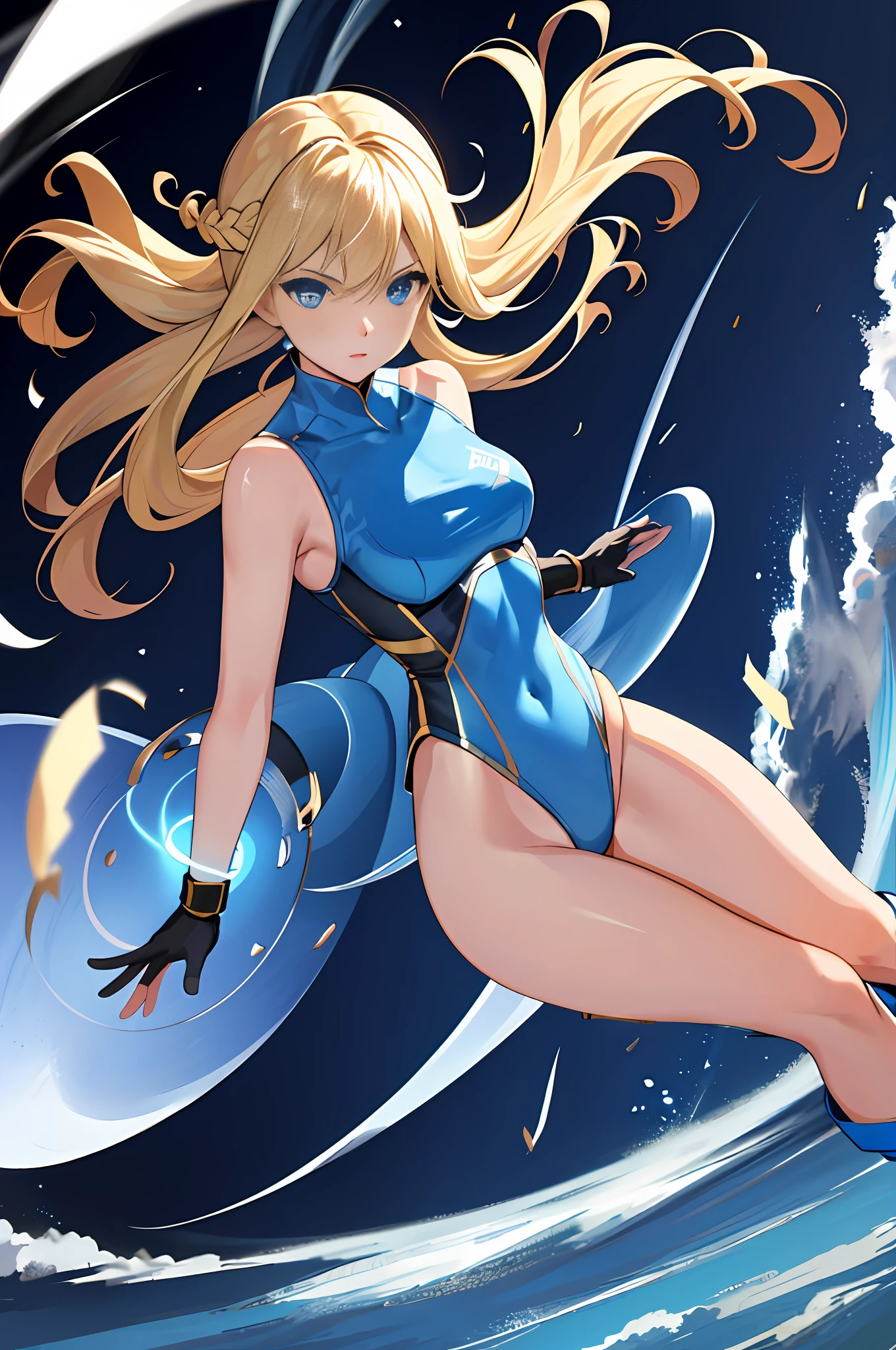 masterpiece, best quality, highres, 1girl, solo, superhero, leotard, bare legs, boots, matching boots, aura, blue aura, sleeveless, gloves, bracelets, matching gloves, looking at viewer, light particles, city backdrop, perfect hands, perfect eyes, powering up, perfect leotard, perfect legs, perfect arms, perfect fingers, blue and white leotard, blonde hair, blue eyes, medium breasts, long hair, spinning, tornado spin, whirlwind, wind particles, light swirls, tornado, hurricane spin, time travel, wind swirls, tornado particles,