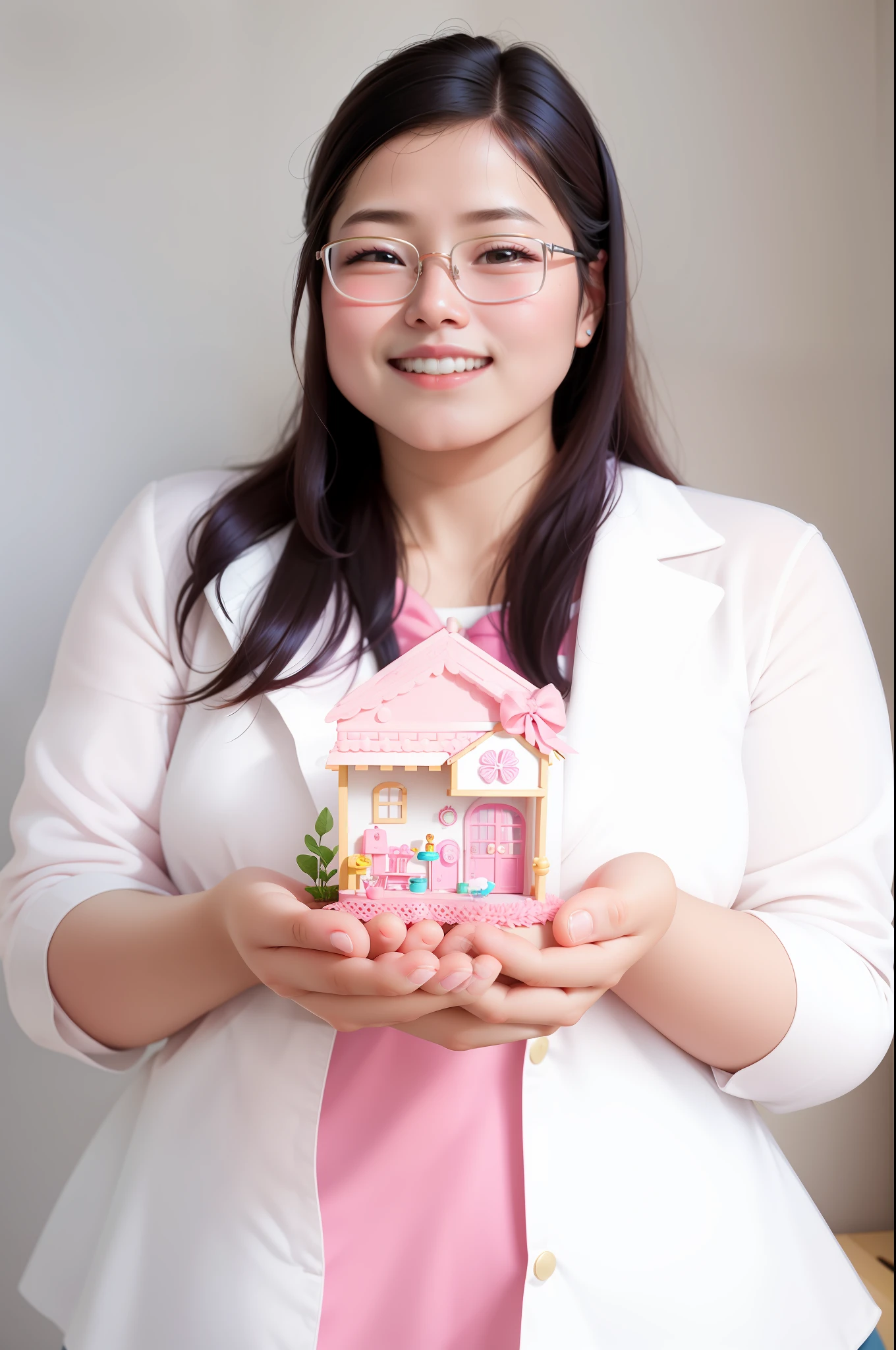 cartoon nested mascot woman holding a pink dollhouse with a pink bow on it, inspired by Kim Jeong-hui, inspired by Ruth Jên, inspired by Kim Du-ryang, inspired by Elaine Duillo, inspired by Pacita Abad, inspired by Ni Yuanlu, full photo, woman holds more toys, photo - photo, winning award-winning piece, ang joy