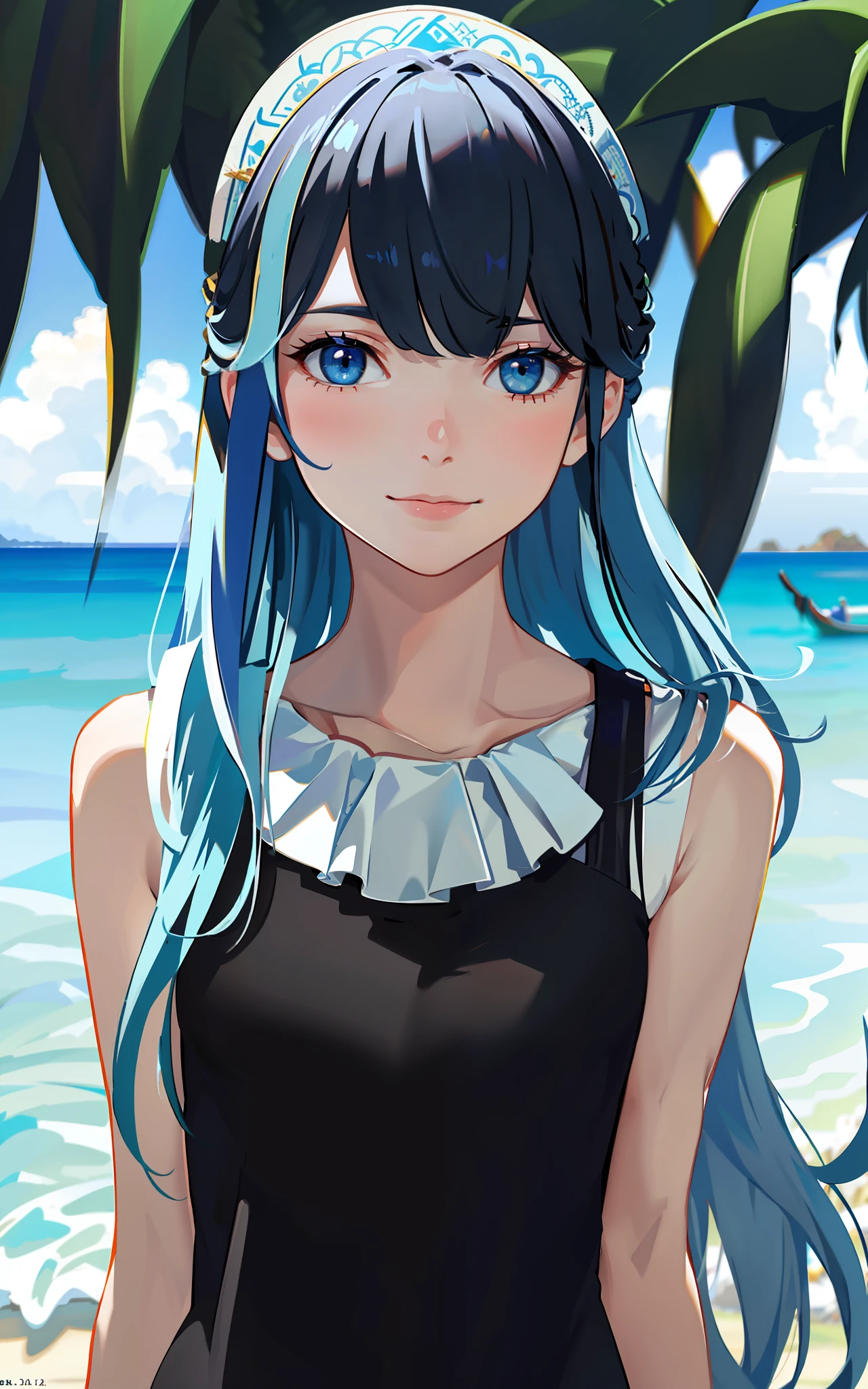 (Masterpiece, Elaborate Beautiful Eyes: 1.2), (Light Blue Hair: 1.2), (Zephyr's Eye Color: 1.1), Long Hair, Straight Hair, (Black Tank Top: 1.2), Realistic Lighting, Beautiful Lighting, Ray Tracing, Photorealistic, (Hyperrealistic: 1.2), High Resolution, 4K, 8K, (Highly Detailed CG, 8K Wallpaper: 1.1), Very elaborate and sharp digital illustrations, detail, realism, beautiful faces, very elaborate faces, ultra-realistic, masterpieces, detailed eyes, super detail, volume lighting, realistic shadows, intricate details, details, cheerful, smile, (white hat: 1.2)), silver necklace, high heels, (On the Beach: 1.2),