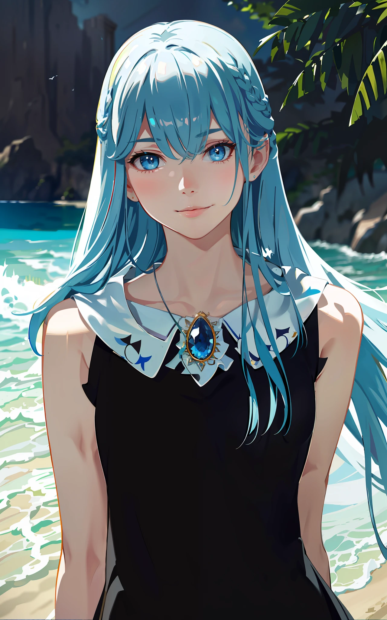 (Masterpiece, Elaborate Beautiful Eyes: 1.2), (Light Blue Hair: 1.2), (Zephyr's Eye Color: 1.1), Long Hair, Straight Hair, (Black Tank Top: 1.2), Realistic Lighting, Beautiful Lighting, Ray Tracing, Photorealistic, (Hyperrealistic: 1.2), High Resolution, 4K, 8K, (Highly Detailed CG, 8K Wallpaper: 1.1), Very elaborate and sharp digital illustrations, detail, realism, beautiful faces, very elaborate faces, ultra-realistic, masterpieces, detailed eyes, super detail, volume lighting, realistic shadows, intricate details, details, cheerful, smile, (white hat: 1.2)), silver necklace, high heels, (On the Beach: 1.2),