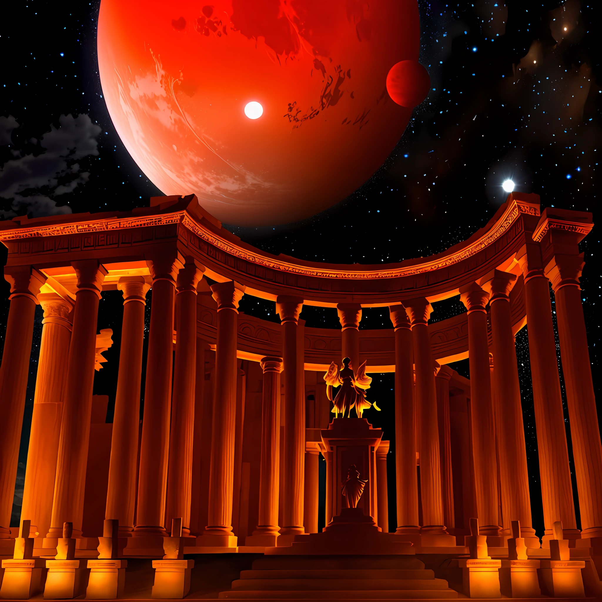 there is a large building with a statue in the middle of it, mythical cosmic shrine, ancient greek temple, greek temple, surrealistic roman architecture, greek temple background, ancient temple, galactic temple, ancient greek temple ruins, giant columns palace, roman festival backdrop, mythical shrine, colonnade, nocturnal spiritual scene, greek fantasy landscape, giant greek columns, giant red planet mars above it