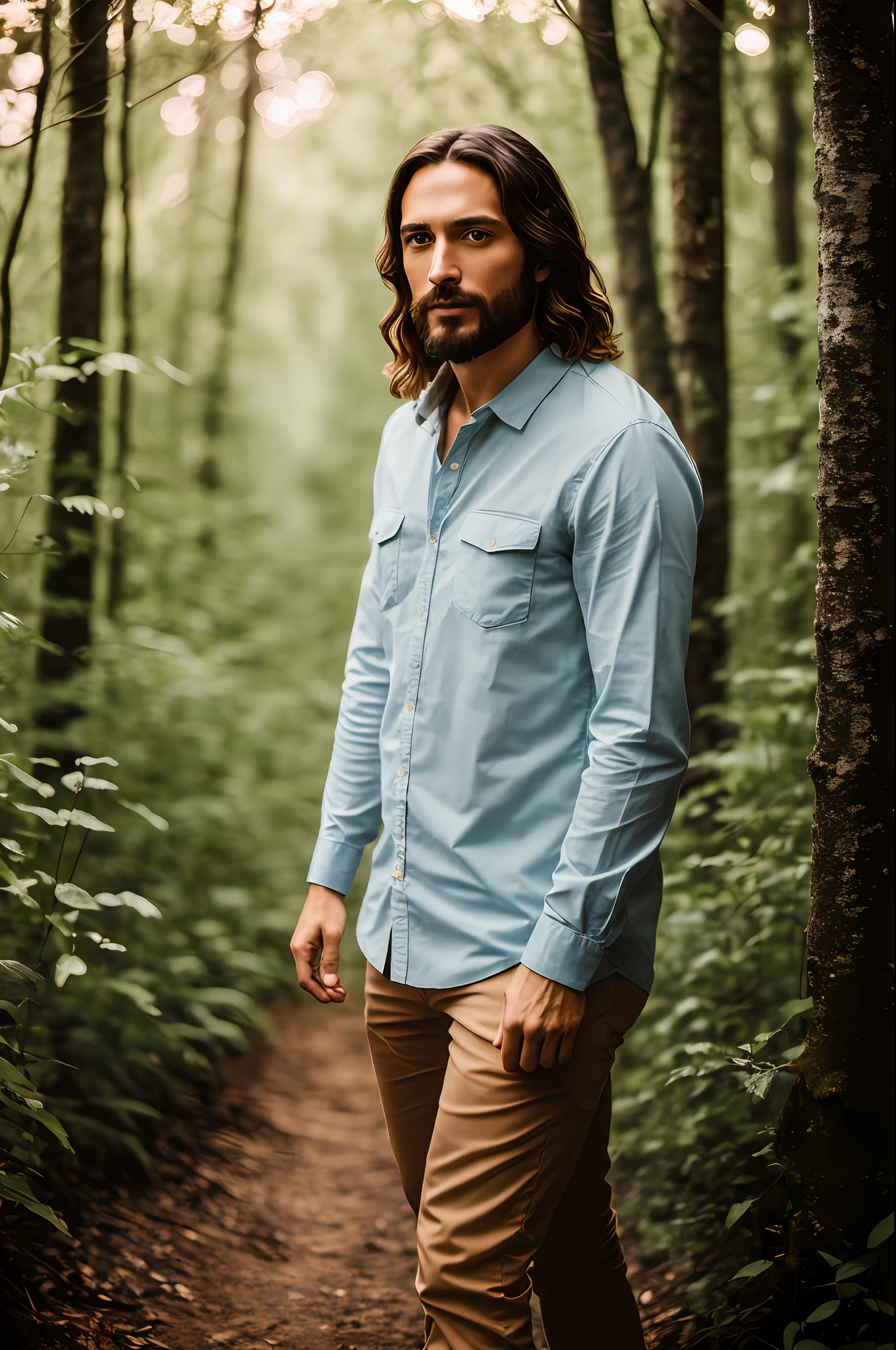 masterpiece, Jesus Christ walking through the jungle at night among fireflies, (high detail: 1 1), rough face, natural skin, high quality, nsfw, beautiful eyes, (detailed face and eyes), (face: 1 2), noise, extra, real photo, PSD, lamp film photography, sharp focus, contrast lighting, detailed skin, high resolution 8k, crazy detail, realistic, professional photography, 8k UHD, SLR camera, soft lighting, high quality, grain film, Fujifilm XT3