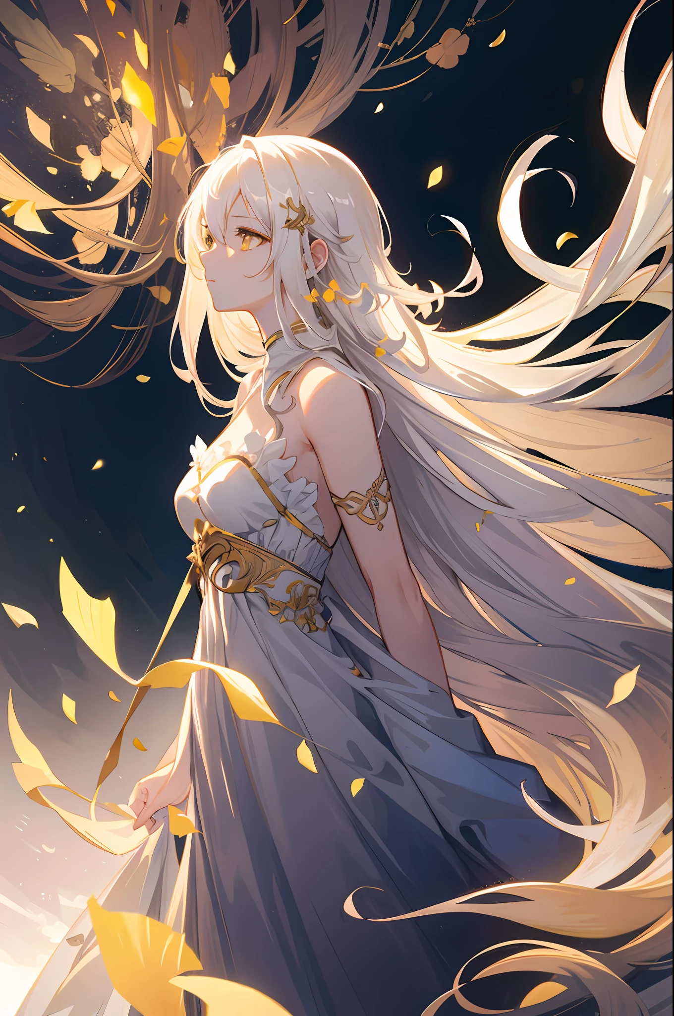 an extremely delicate and beautiful CG illustration, best quality, high resolution, dynamic angle, full-length shot, (1girl), yellow eyes and straight long white hair, floating, soft light, high-key lighting)