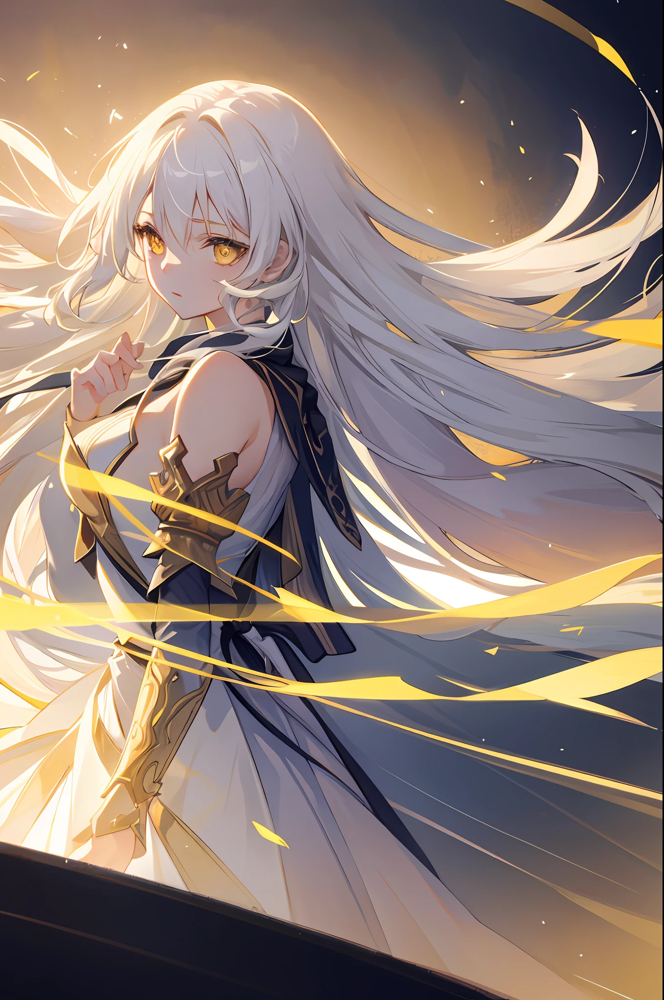 an extremely delicate and beautiful CG illustration, best quality, high resolution, dynamic angle, full-length shot, (1girl), yellow eyes and straight long white hair, floating, soft light, high-key lighting)