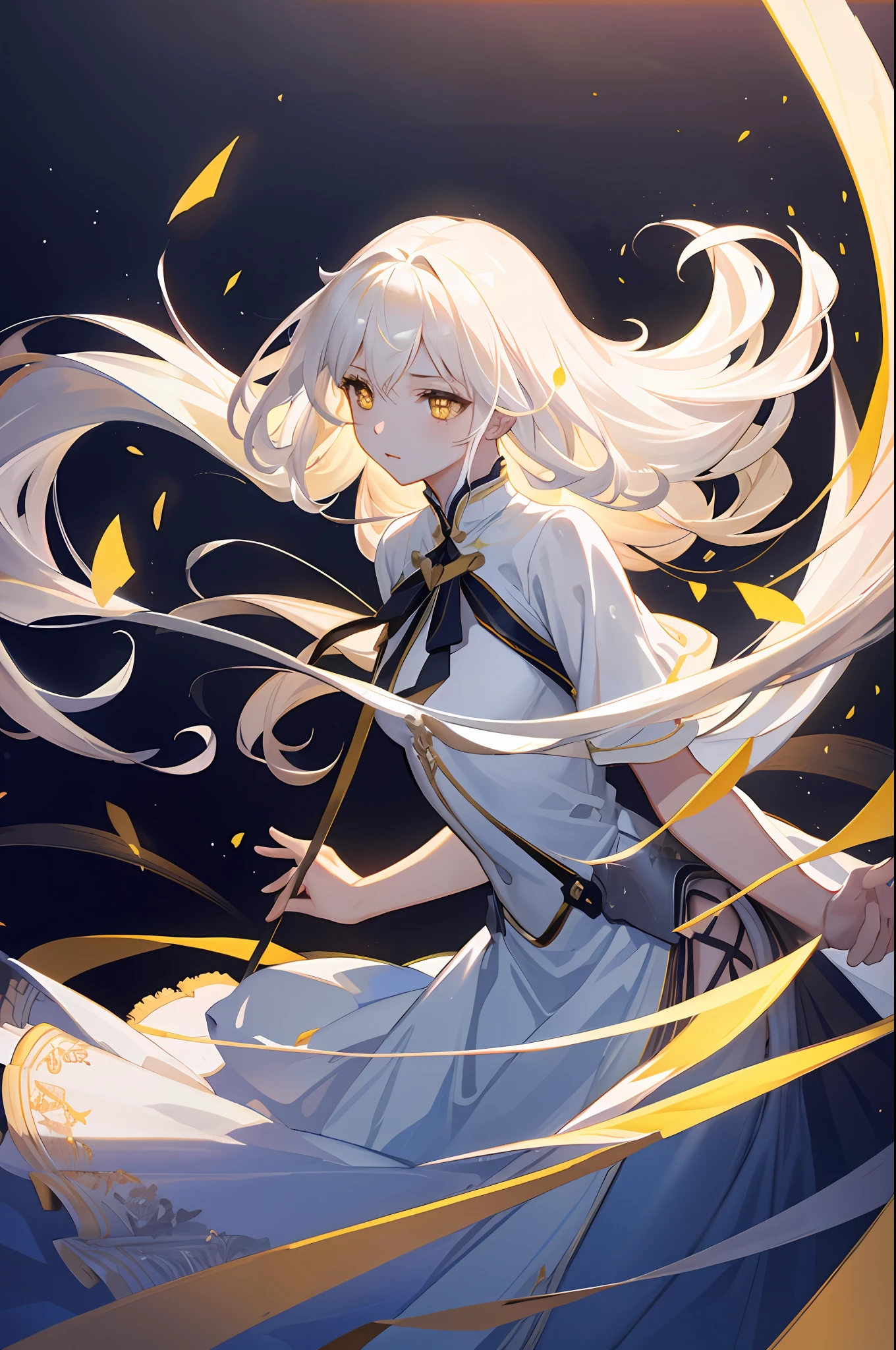 an extremely delicate and beautiful CG illustration, best quality, high resolution, dynamic angle, full-length shot, (1girl), yellow eyes and straight long white hair, floating, soft light, high-key lighting)
