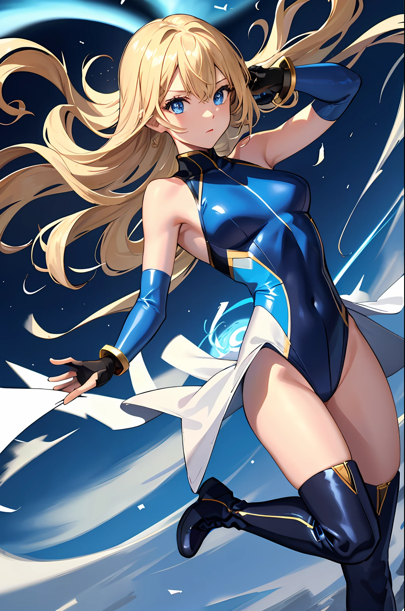 masterpiece, best quality, highres, 1girl, solo, superhero, leotard, bare legs, boots, matching boots, aura, blue aura, sleeveless, gloves, bracelets, matching gloves, looking at viewer, light particles, city backdrop, perfect hands, perfect eyes, powering up, perfect leotard, perfect legs, perfect arms, perfect fingers, blue and white leotard, blonde hair, blue eyes, medium breasts, long hair, spinning, tornado spin, whirlwind, wind particles, light swirls, tornado, hurricane spin, transformation, wind swirls, tornado particles, super spin,