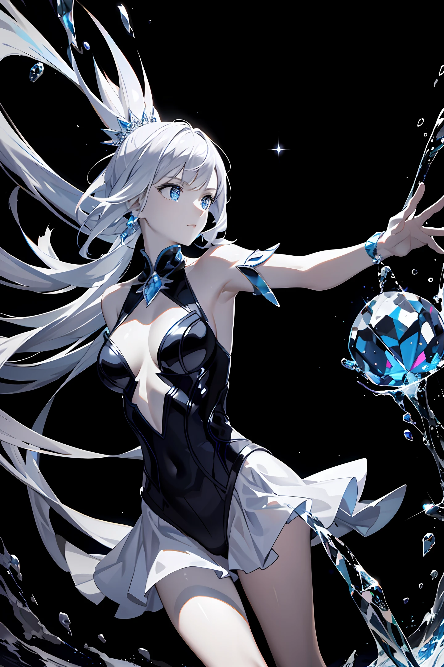 central figure, dynamic pose, rich background composition, water, crystal, gemstone, sparkle, girl, fantastic, ultra high definition, various colors, blue, space, sky, (black and white/gray hair), masterpiece, high quality