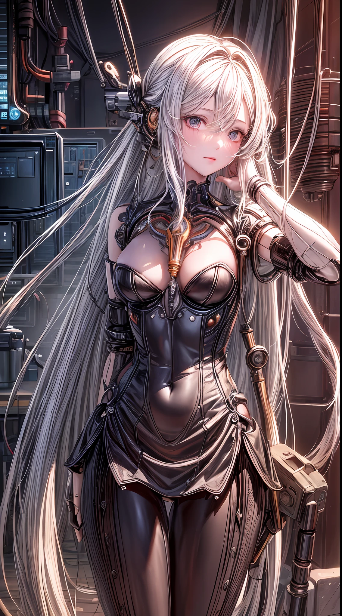 (((masterpiece))), ((best quality)), ((ultra-detailed)), (CG illustration), (an extremely devious and beautiful)), (cute desktop face), cinematic light, ((1 mechanical girl)), single, full, (machine-made joints). : 1.4), ((mechanical limb)), (blood vessel attached to tube), ((mechanical spine attached to back)), ((mechanical cervical vertebrae attached to neck), ((clockwork core)), expressionless, long white hair, (wires and cables attached to head and body: 1.5), (character focus), science fiction, steam
