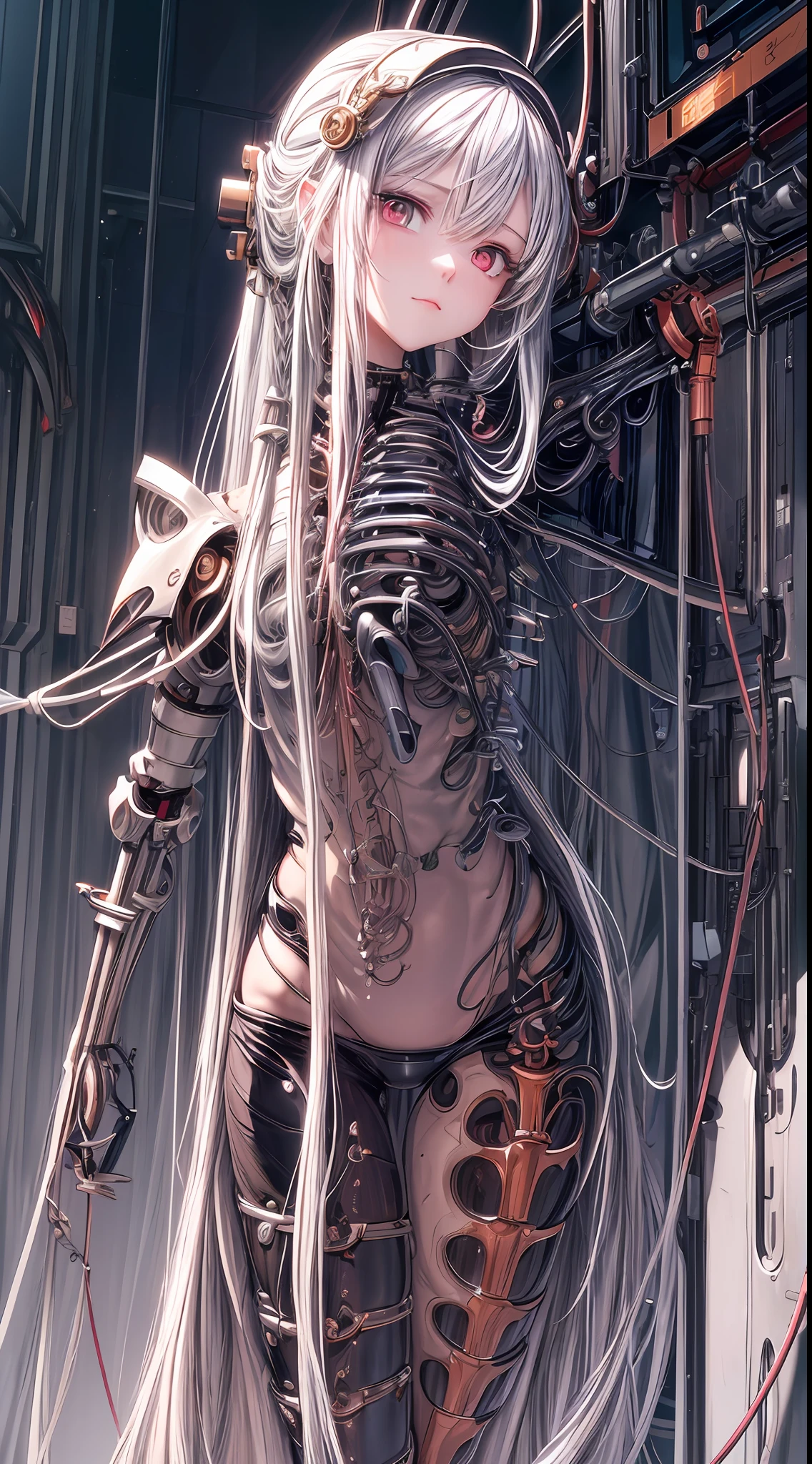 (((masterpiece))), ((best quality)), ((ultra-detailed)), (CG illustration), (an extremely devious and beautiful)), (cute desktop face), cinematic light, ((1 mechanical girl)), single, full, (machine-made joints). : 1.4), ((mechanical limb)), (blood vessel attached to tube), ((mechanical spine attached to back)), ((mechanical cervical vertebrae attached to neck), ((clockwork core)), expressionless, long white hair, (wires and cables attached to head and body: 1.5), (character focus), science fiction, steam
