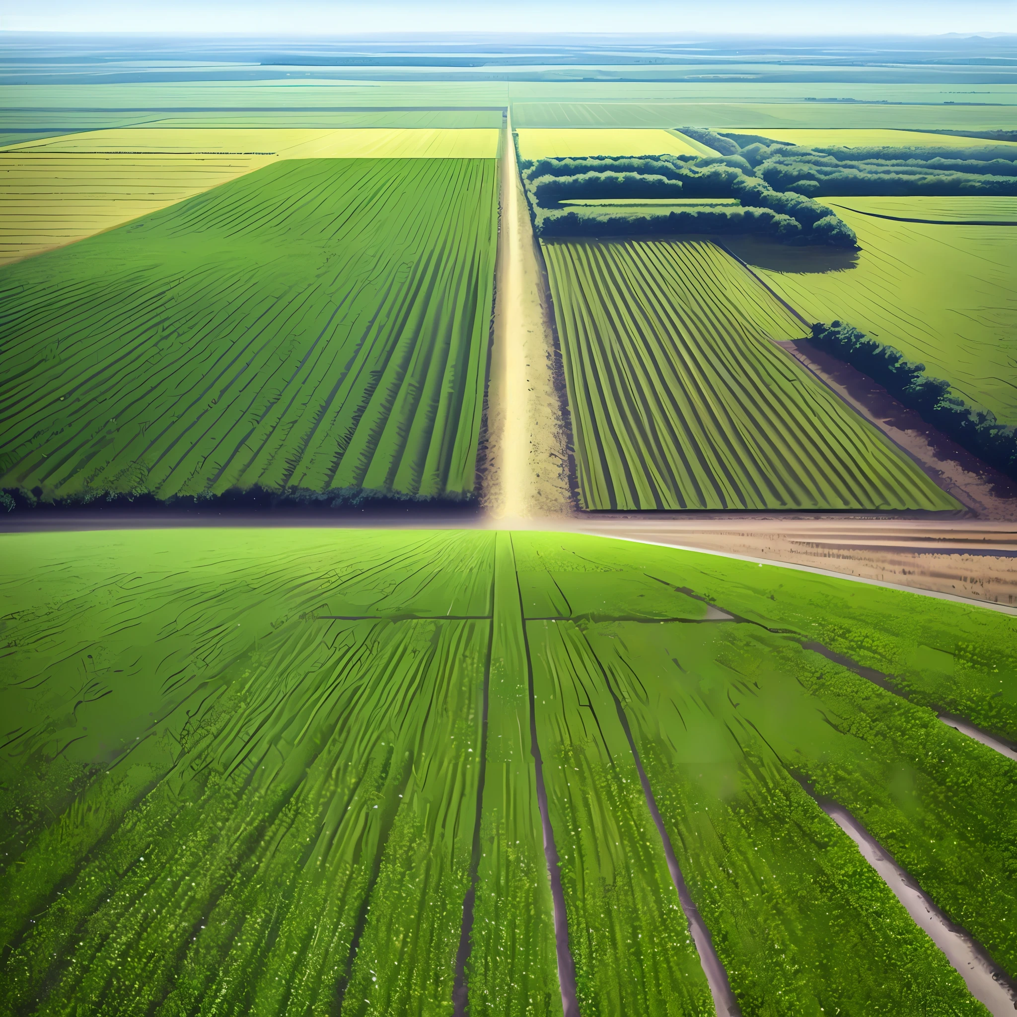 "Imagine a breathtaking panoramic view of a lush and healthy wheat crop. The plants are vibrant, with lush green leaves. The sun is shining brightly in the blue sky, illuminating the entire field. Around the farm, one can see a serene landscape. The image conveys a sense of prosperity, abundance and success in agriculture. Create a visual representation of this scenario, with details that highlight the beauty and vitality of the crop. Do it in HDR quality