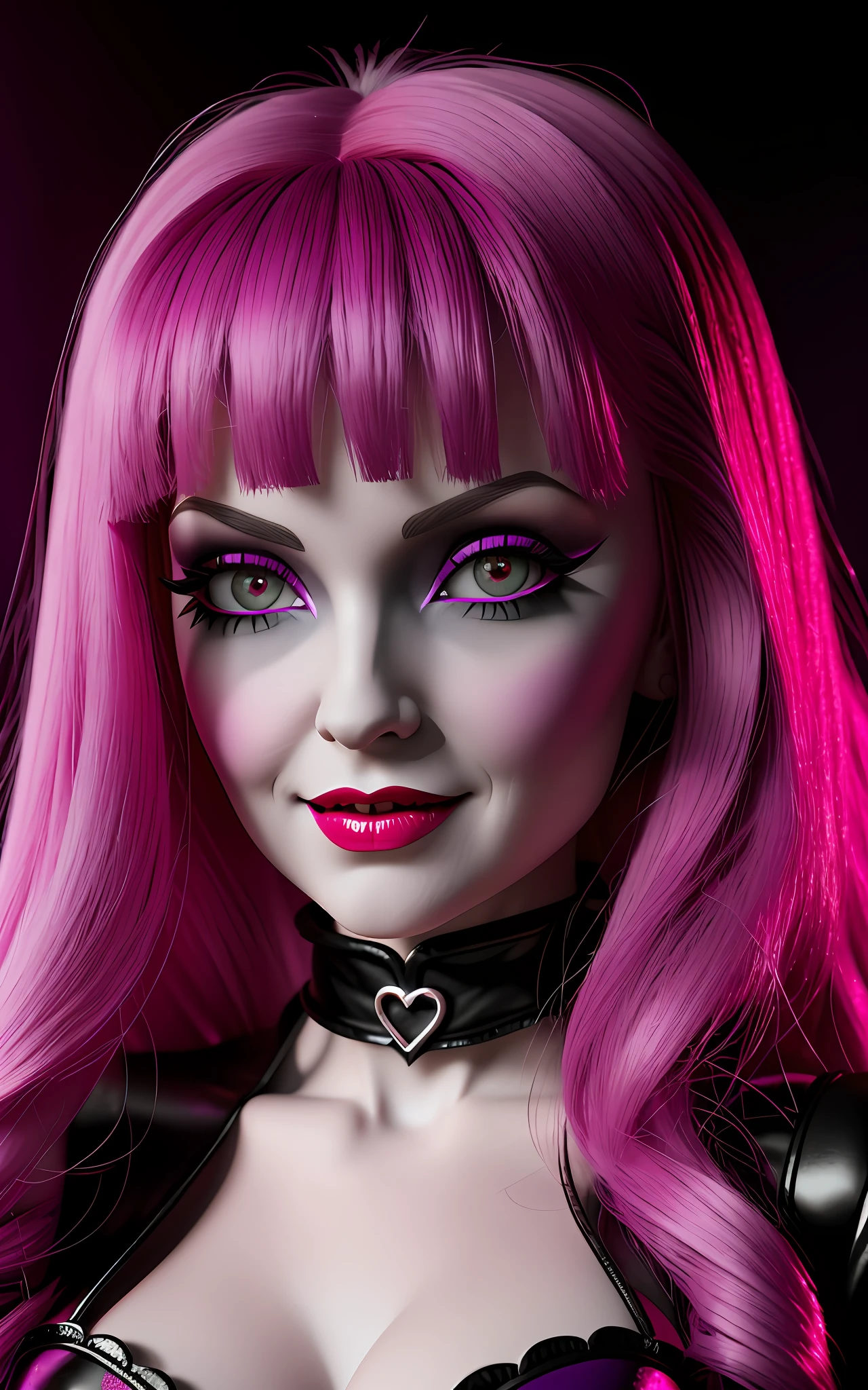 Draculaura, Monster high, Pink hair with black, Rogue, pink and black, heart below the eye, Count Dracula's daughter, 3d, soft lighting, cute, pink skin, bangs, purple eyes