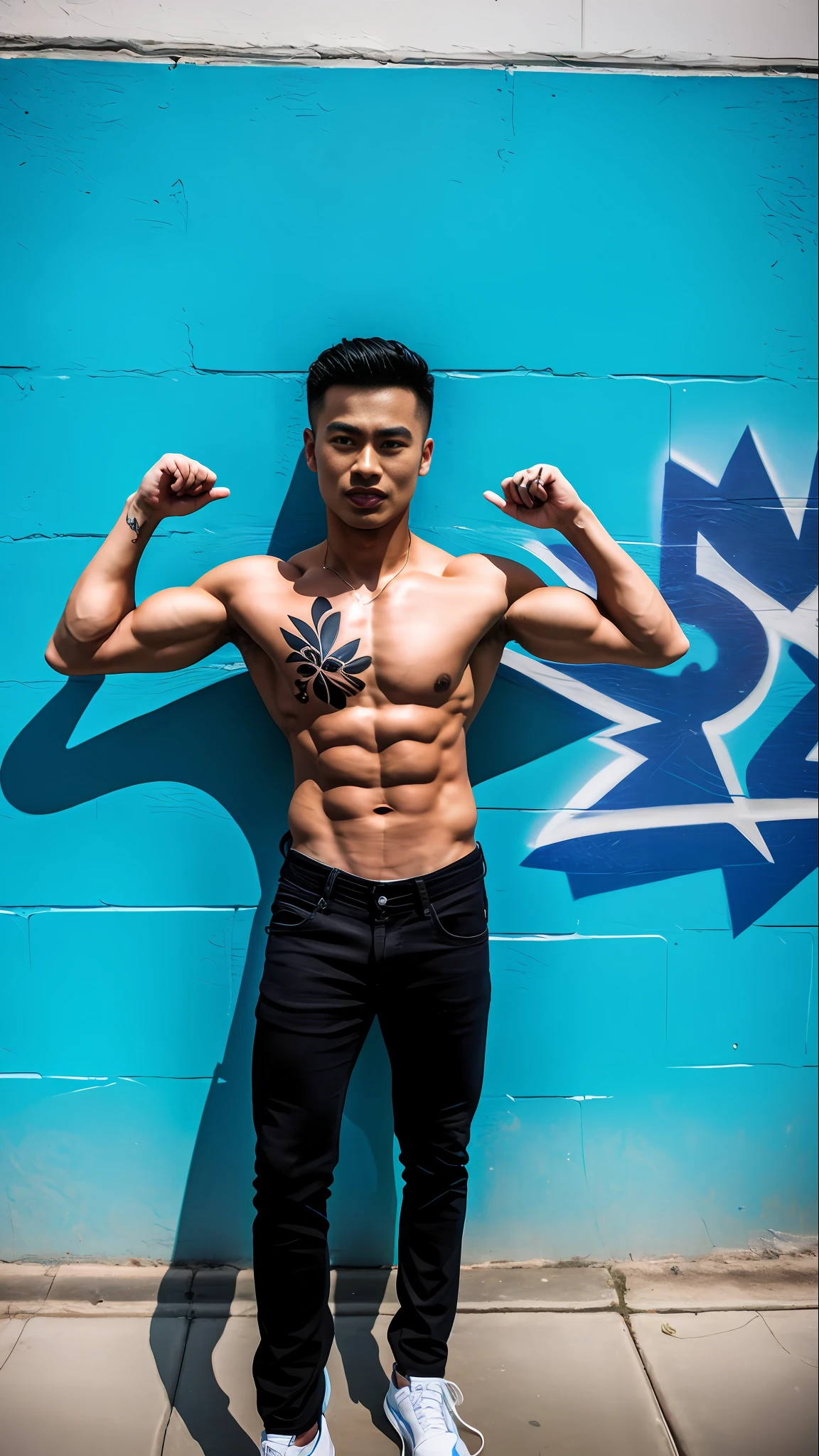 Arafed man with a tattoo on his chest and arms, 2 7 years old, 2 3 years old, 2 9 years old, 2 2 years old, 3 0 years old, 21 years old, 2 4 years old, full body photo, slim young man, 2 4 years old - old man, 2 arms and 2 legs!, black and white mosaic floor, blue wall with a light blue graffiti, muscular man, tight pants, big bulge, white complexion, Latin American, studio lighting, dynamic light,