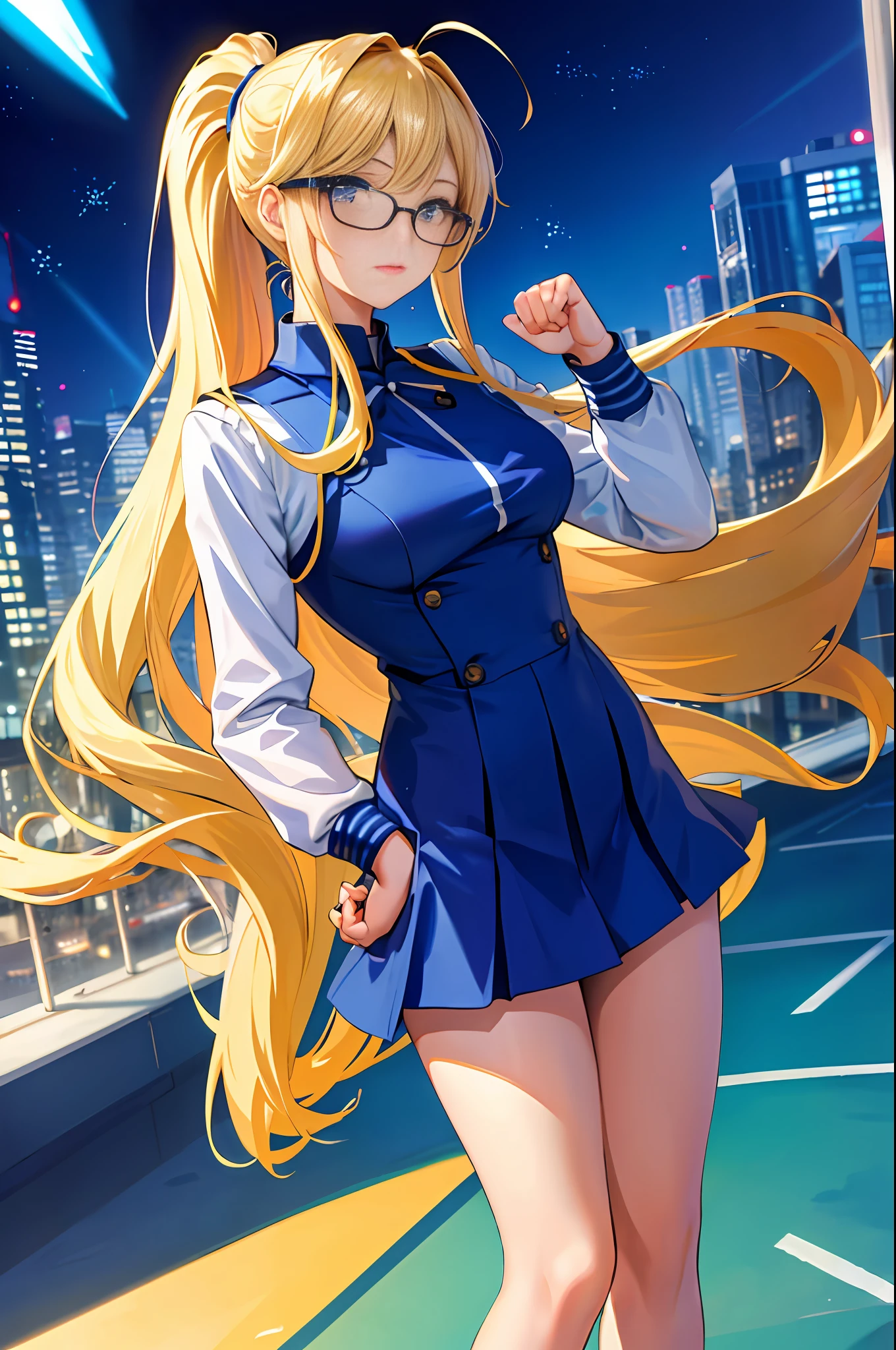 masterpiece, best quality, highres, 1girl, solo, superhero, high school uniform, bare legs, aura, blue aura, looking at viewer, light particles, city backdrop, perfect hands, perfect eyes, powering up, perfect legs, perfect arms, perfect fingers, blonde hair, blue eyes, medium breasts, long hair, standing, hands on hip, closed fists, hair down, glasses, ponytail,