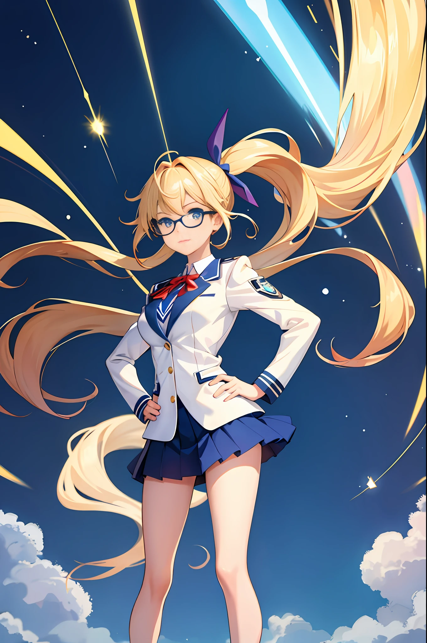 masterpiece, best quality, highres, 1girl, solo, superhero, high school uniform, bare legs, aura, blue aura, looking at viewer, light particles, city backdrop, perfect hands, perfect eyes, powering up, perfect legs, perfect arms, perfect fingers, blonde hair, blue eyes, medium breasts, long hair, standing, hands on hip, closed fists, hair down, glasses, ponytail,