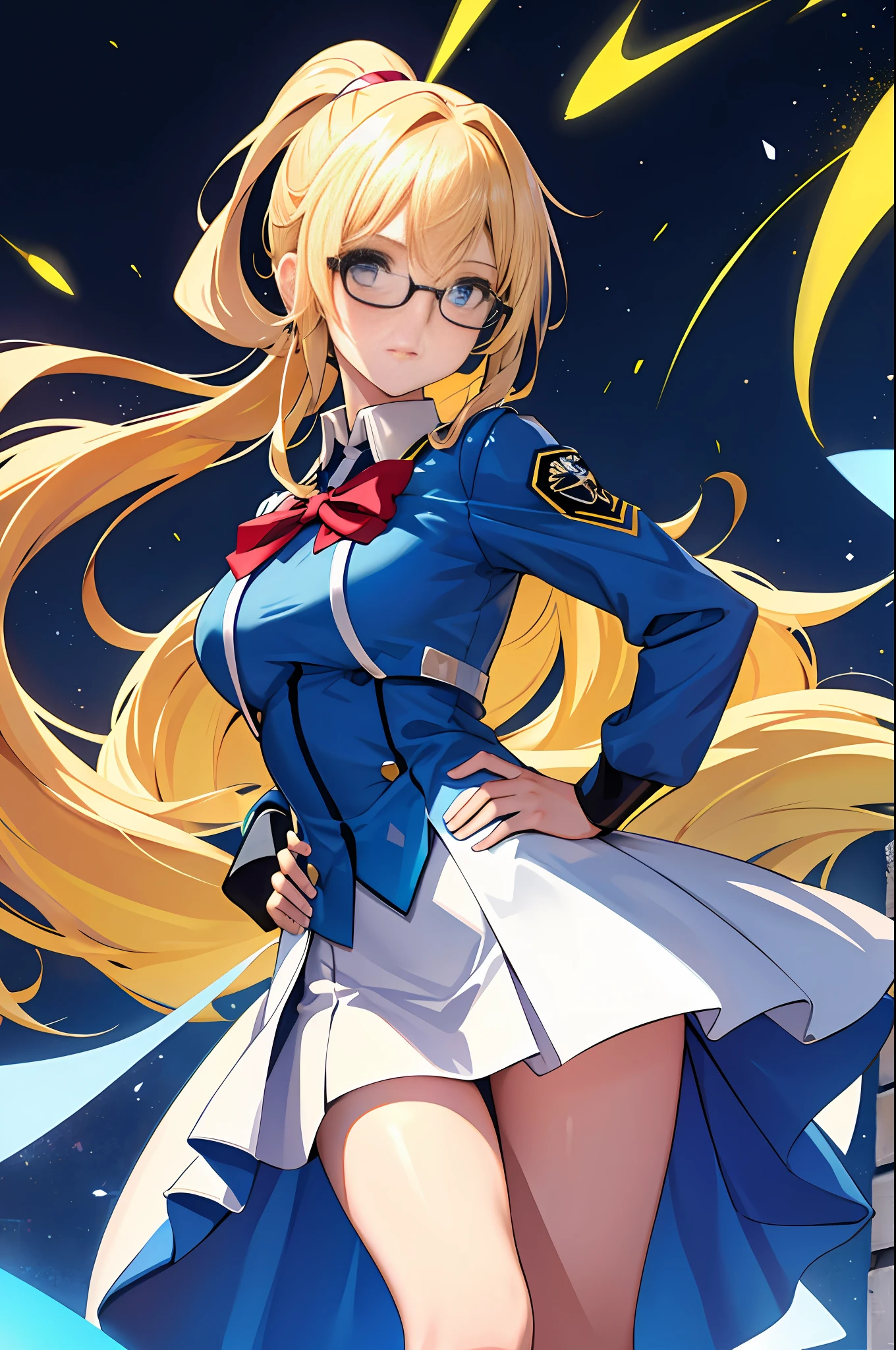 masterpiece, best quality, highres, 1girl, solo, superhero, high school uniform, bare legs, aura, blue aura, looking at viewer, light particles, city backdrop, perfect hands, perfect eyes, powering up, perfect legs, perfect arms, perfect fingers, blonde hair, blue eyes, medium breasts, long hair, standing, hands on hip, closed fists, hair down, glasses, ponytail,