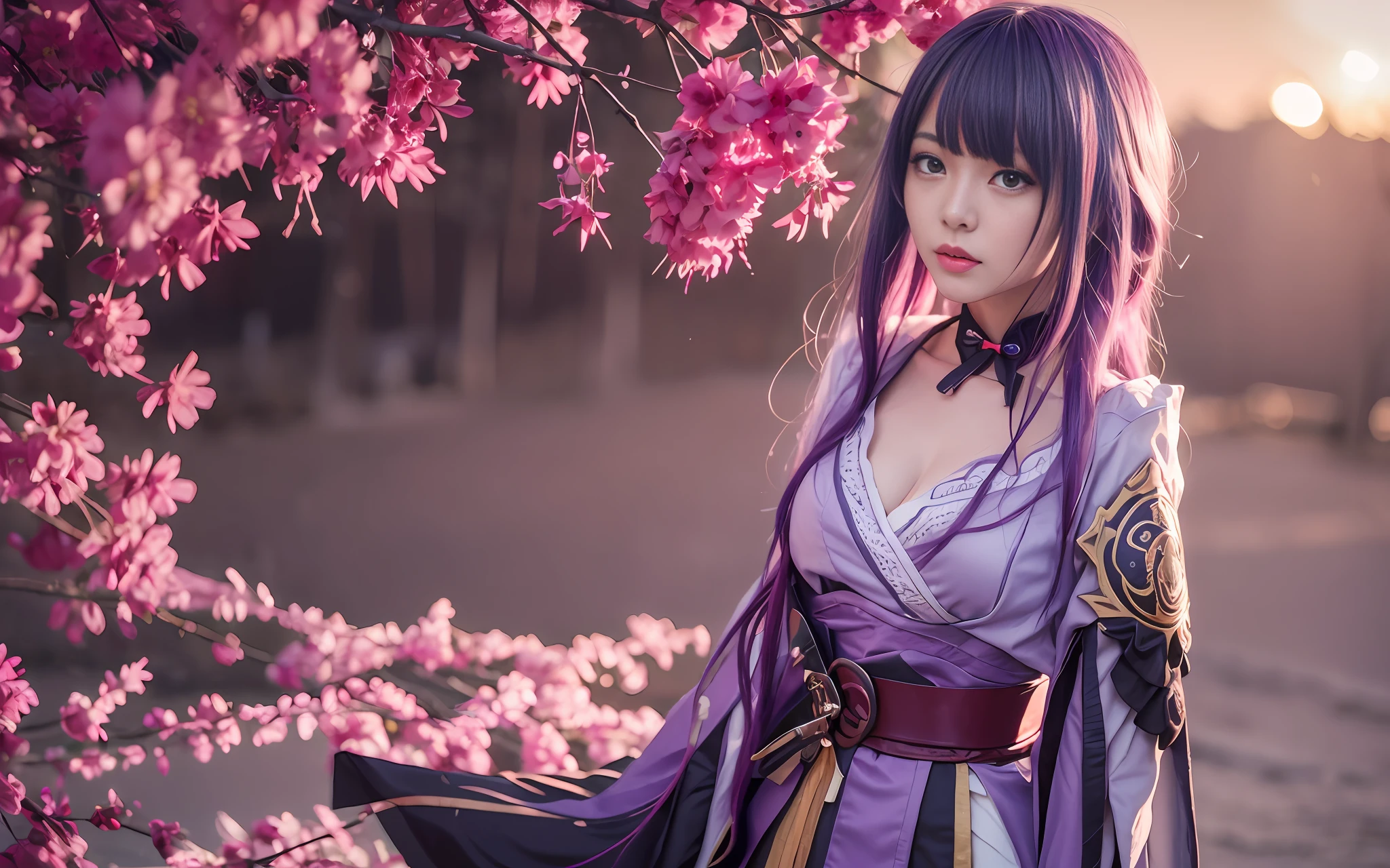 Raiden General Fine clothes White clothes Blunt bangs Braided (mid-chest: 1.4) cleavage Wide sleeve kimono Hair accessories Day clothes (red belt: 1.4) (light purple hair: 1.4) Very long hair, straight hair, delicate face, cold face, (smooth chin: 0.85), looking at the audience, beautiful eyes, detailed eyes, skirt, (sunset: 1.4), from the side, (cherry tree: 1.5), photon mapping, physically based rendering, RAW photos, highly detailed background, (Real photo: 1.35), high resolution, perspective, front, (ulzzang-6500: 0.4)
