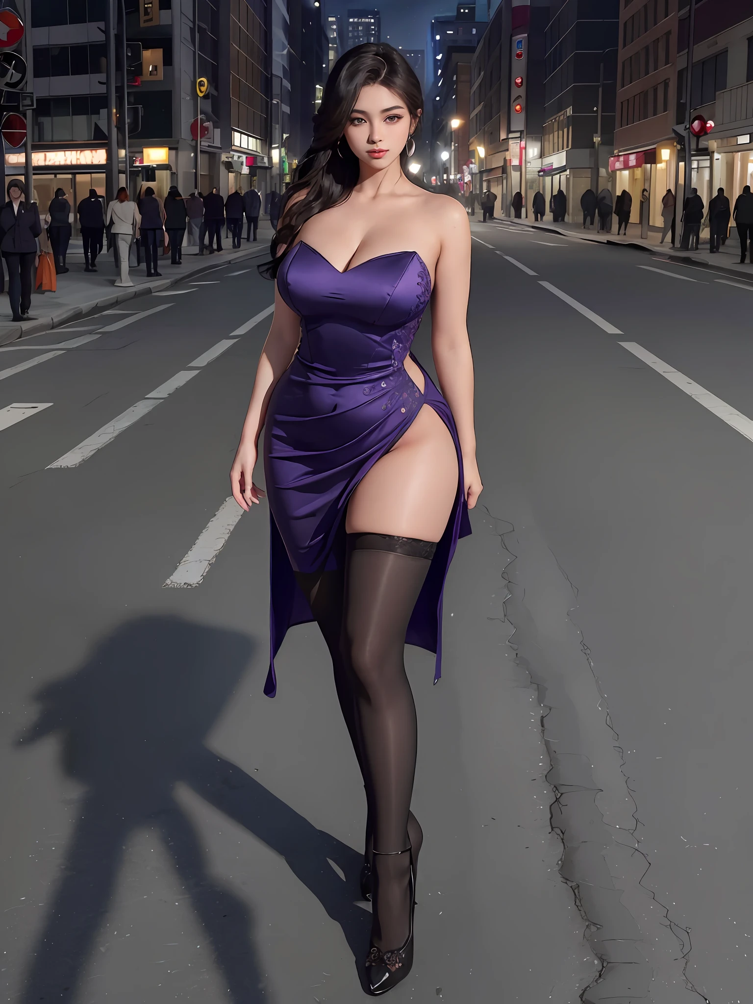 ((masterpiece, best quality)),((Ultra detailed,extremely intricate,ultra high res,RAW,HDR,))(photorealistic:1.2) 1girl, looking at viewer, Japanese, college student, 20 years old, full body, lens 135mm, f1.8, inely detailed, beautiful eyes, show thighs, black pantyhose, perfect eye makeup, big eyes, glowing eyes, detailed skin texture, fine cloth texture, amazing gradient color, ray tracing, side lighting, edge lighting, best shadow, perfect female body, plump, perfect thighs, shiny skin, shiny skin, perfect, perfect buttocks, perfect anatomy, city street background, busy street scene, (night), red shiny dress, Wearing a purple luxury dress, [see-through: evening dress: 0.5], black pantyhose, stockings, looming thighs, showing calves