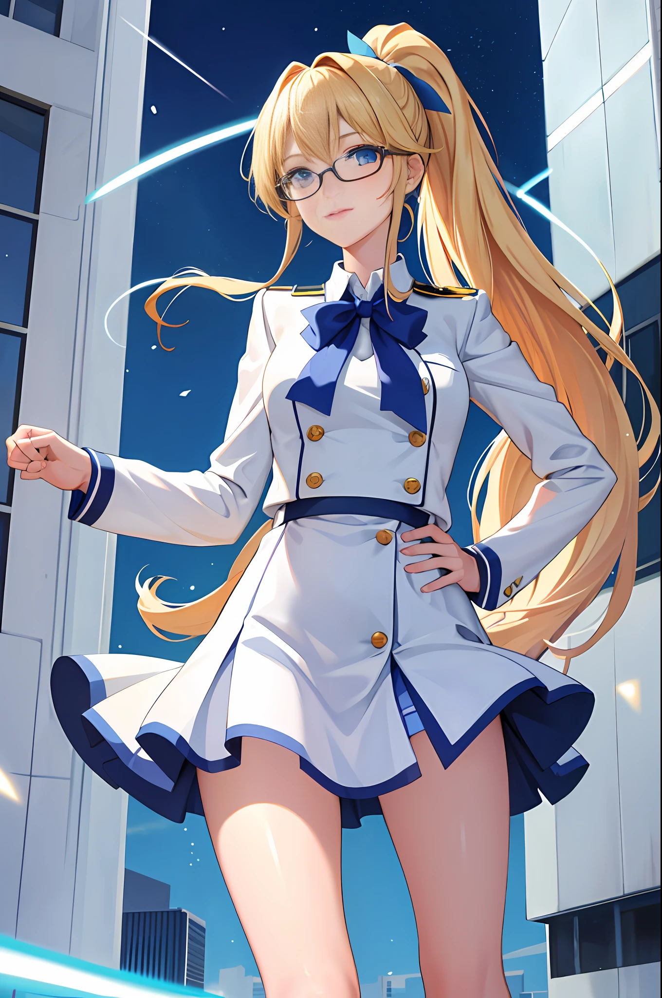 masterpiece, best quality, highres, 1girl, solo, high school uniform, bare legs, aura, blue aura, looking at viewer, light particles, city backdrop, perfect hands, perfect eyes, powering up, perfect legs, perfect arms, perfect fingers, blonde hair, blue eyes, medium breasts, long hair, standing, hands on hip, closed fists, hair down, glasses, ponytail,