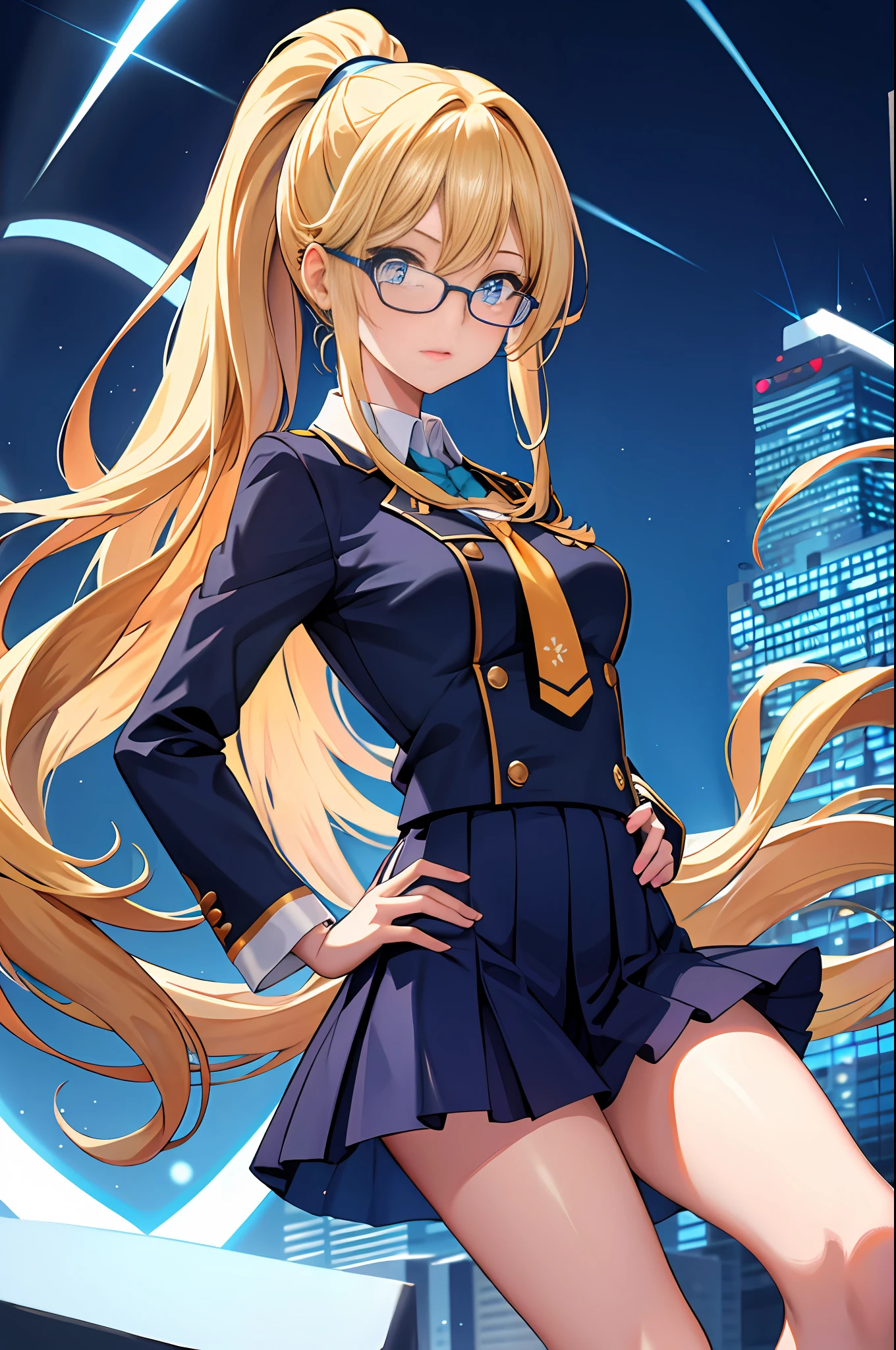 masterpiece, best quality, highres, 1girl, solo, high school uniform, bare legs, aura, blue aura, looking at viewer, light particles, city backdrop, perfect hands, perfect eyes, powering up, perfect legs, perfect arms, perfect fingers, blonde hair, blue eyes, medium breasts, long hair, standing, hands on hip, closed fists, hair down, glasses, ponytail,